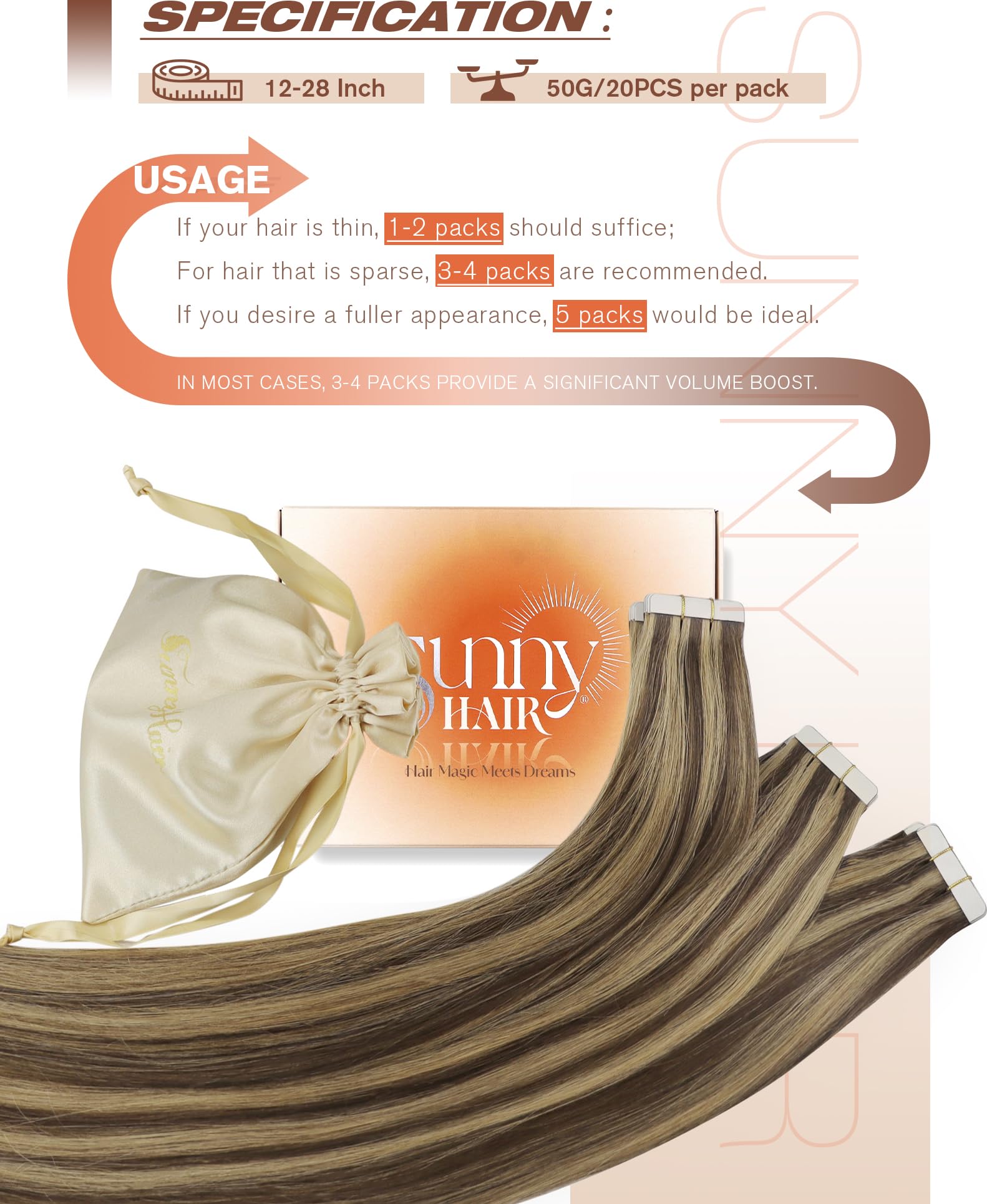 Sunny Hair Tape in Hair Extensions Real Human Hair Invisible Remy Hair Extensions Tape ins for Women Dark Brown Highlight Carame