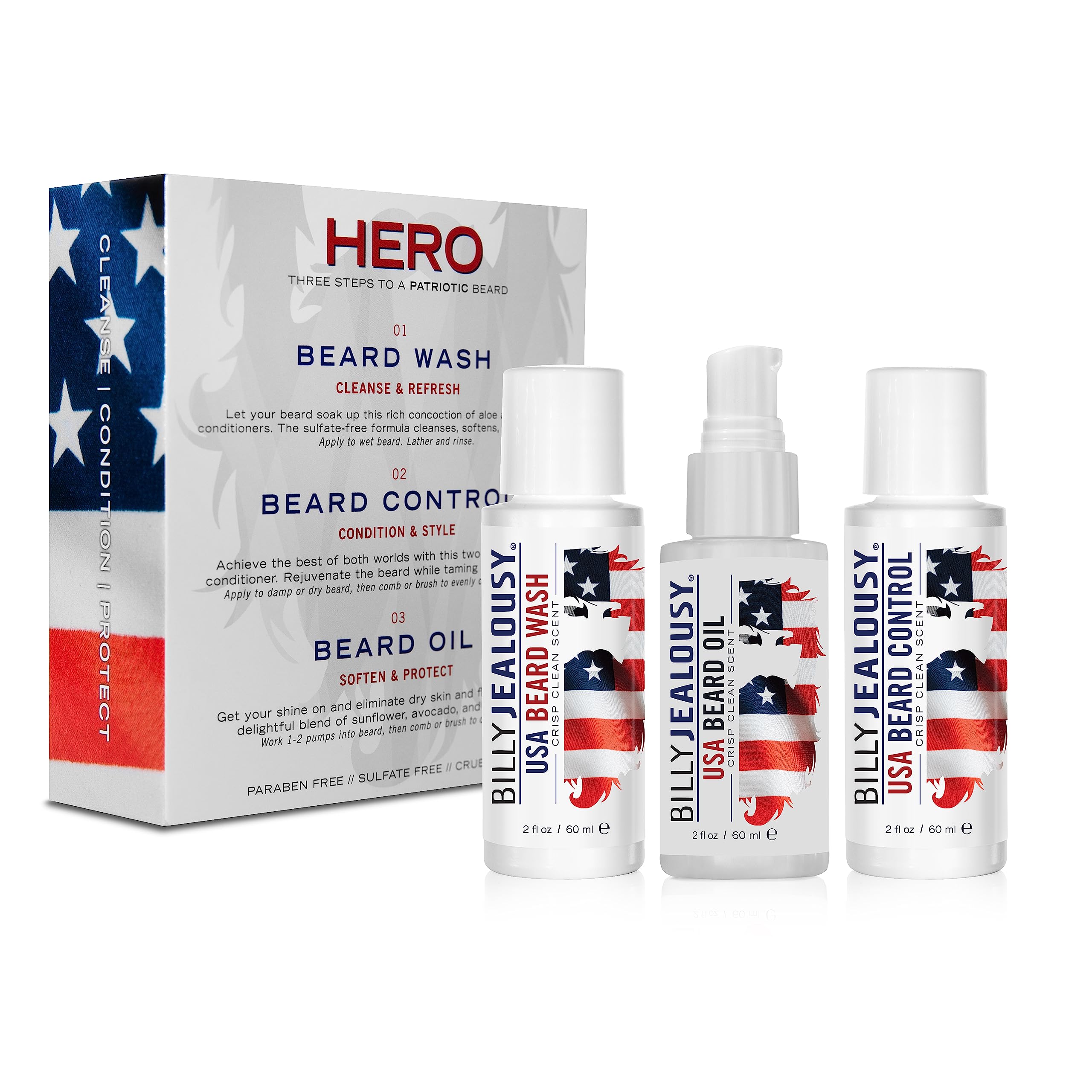 Billy Jealousy By Billy Jealousy Usa Hero Beard Trio Kit Crisp Clean Scent (1) Usa Beard Wash 2 Oz, (1) Usa Beard Control 2 Oz,