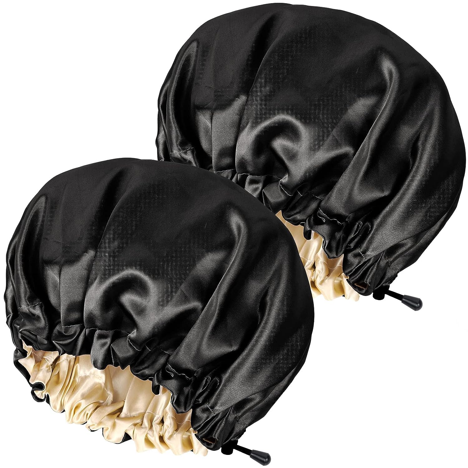 CHORHA Satin Sleep Cap,Double-Sided Adjustable Sleep Bonnet,Bonnet Cap for Sleep (2 Pack Black)