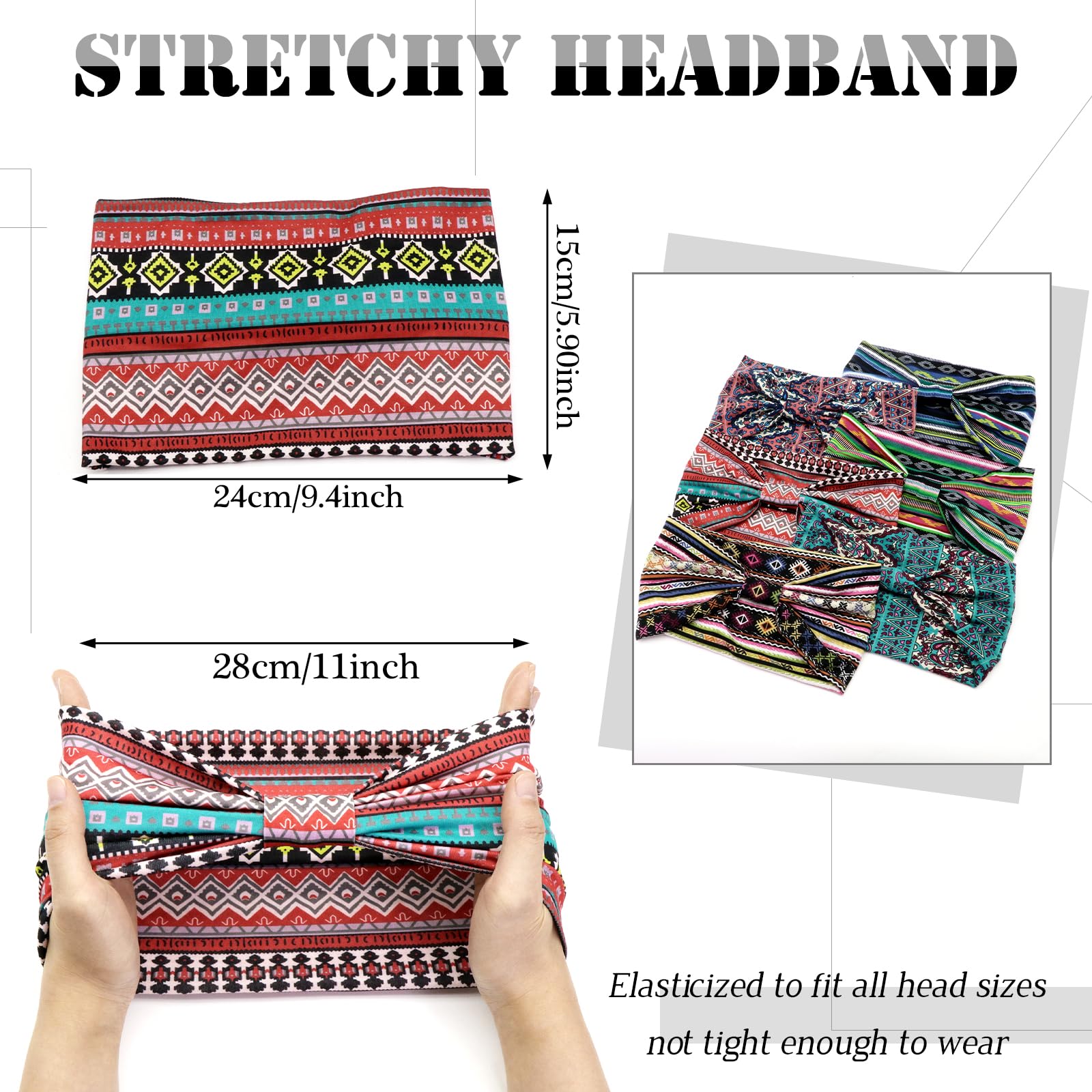 Sawinda 6 Pack Boho Headbands For Women Fashion Stretch Wide Hair Bands Knotted Turban Head Bands Yoga Running Elastic Non-Slip