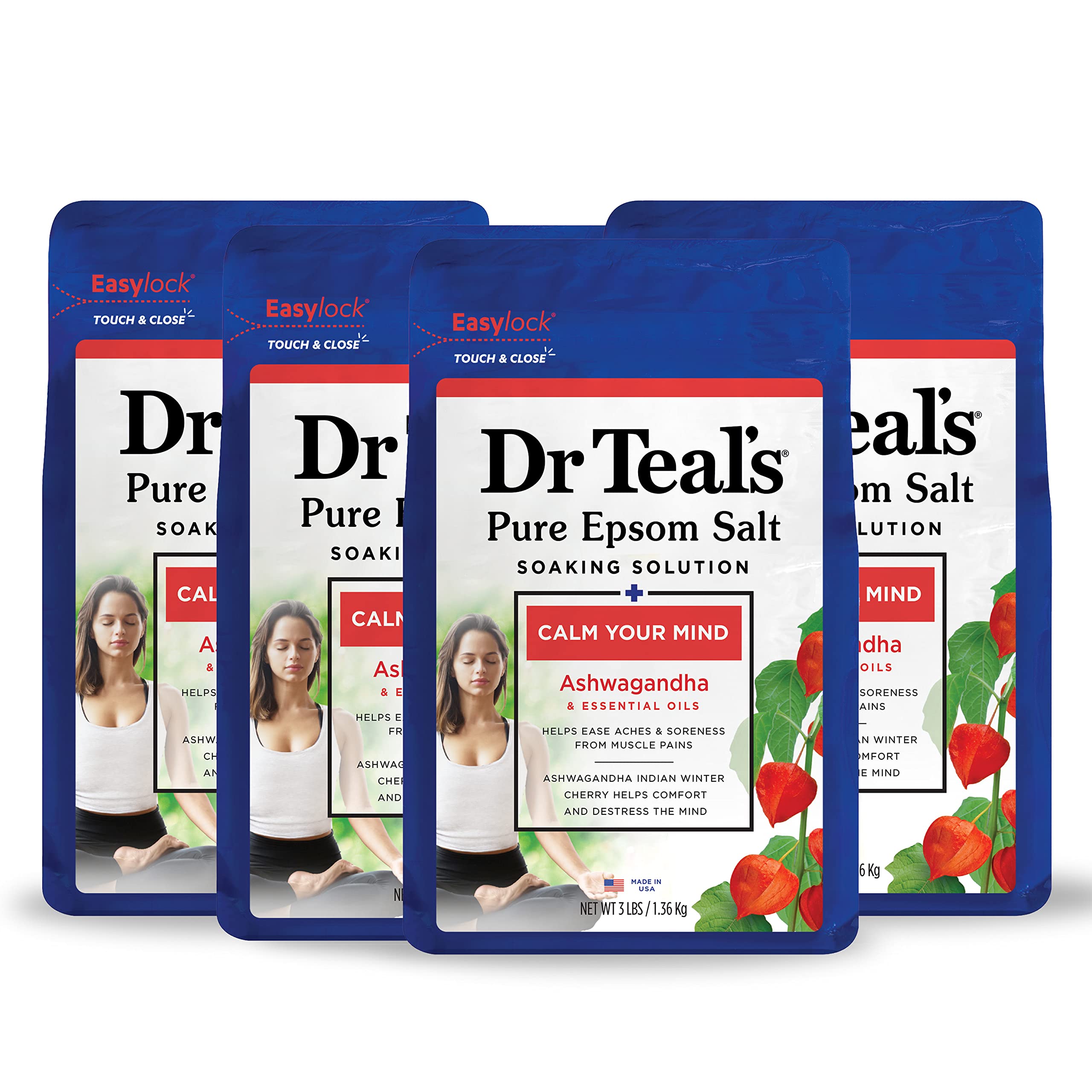 Dr Teal's Pure Epsom Magnesium Salt Soak,, Ashwagandha & Essential Oils, 3 lbs (Pack of 4)