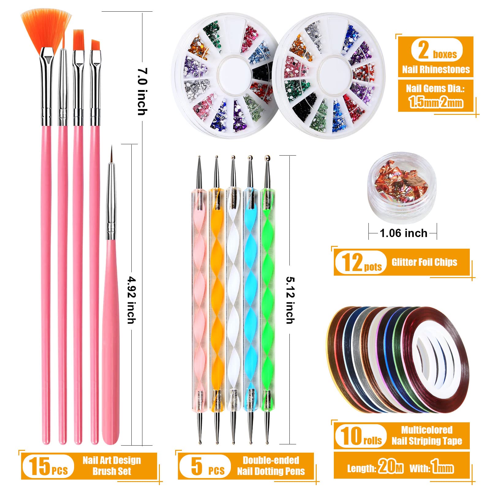 Teenitor Nail Pen Designer, Stamp Nail Art Tool With 15Pcs Nail Painting Brushes, Nail Dotting Tool, Nail Foil, Manicure Tape, C