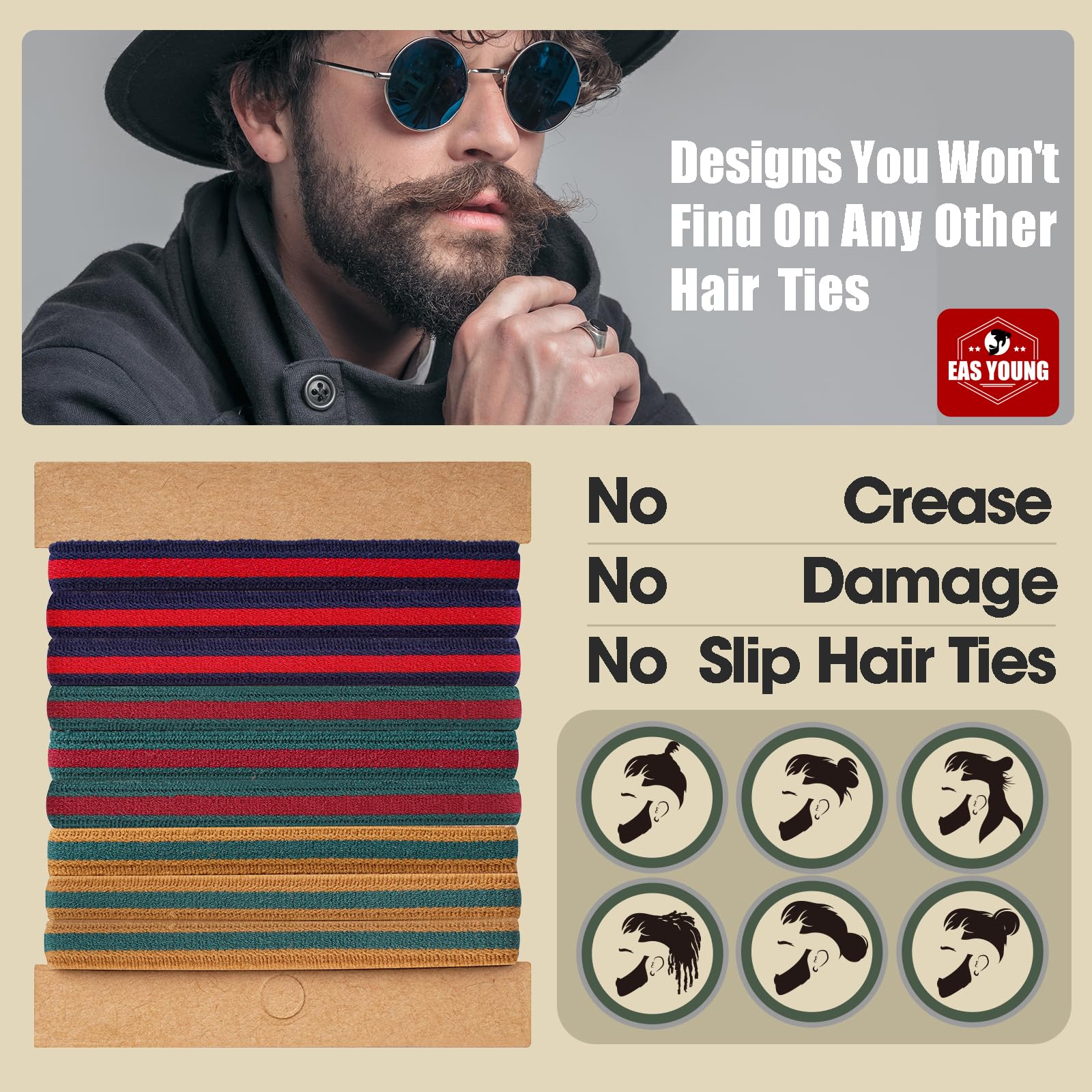 EasYoung Braided Mens Hair Ties For Men, For Buns Curly Thick Dense Hair Elastic Hair Ties For Guys, No damage No Crease Breakag