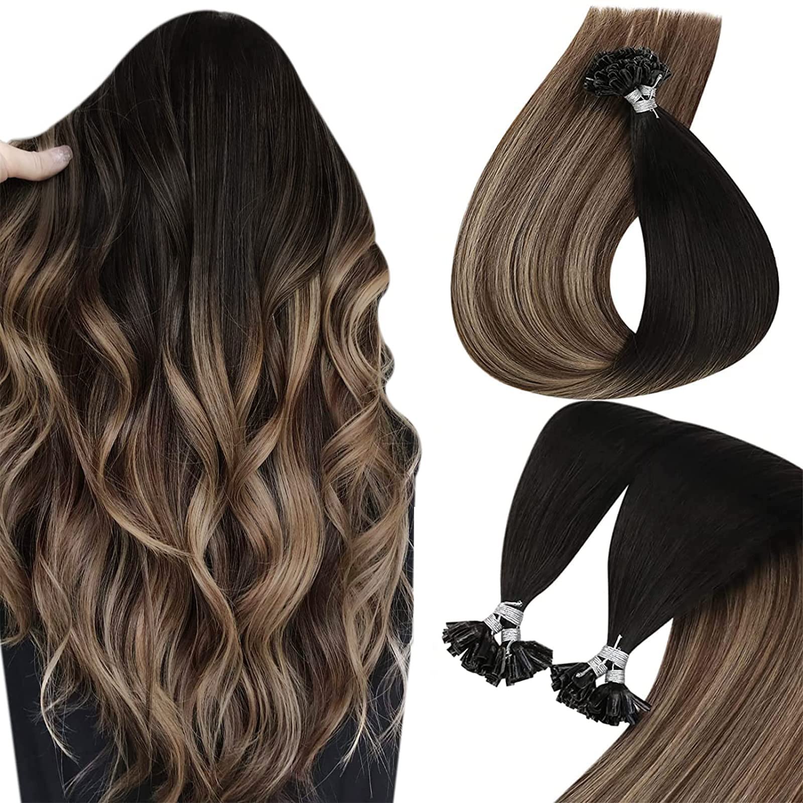 Sunny U Tip Hair Extensions Human Hair Black Ombre Dark Brown Balayage Ash Blonde Utip Hair Extensions Human Hair Blonde Utips K