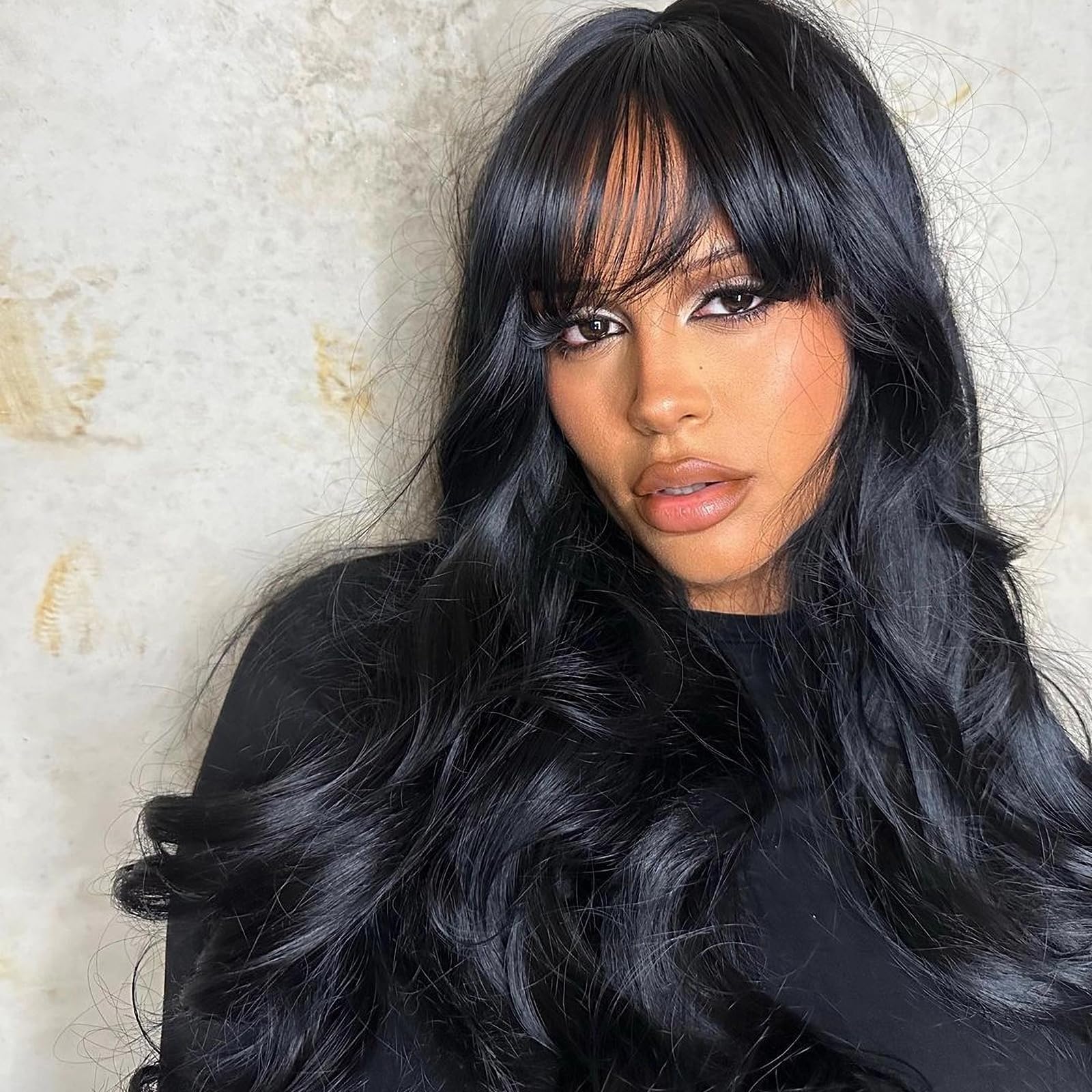 WIGER Human Hair Wavy Wigs for Black Women Natural Wave Wig with Bangs Glueless Loose Curly None Lace Front Wigs Brazilian Virgi