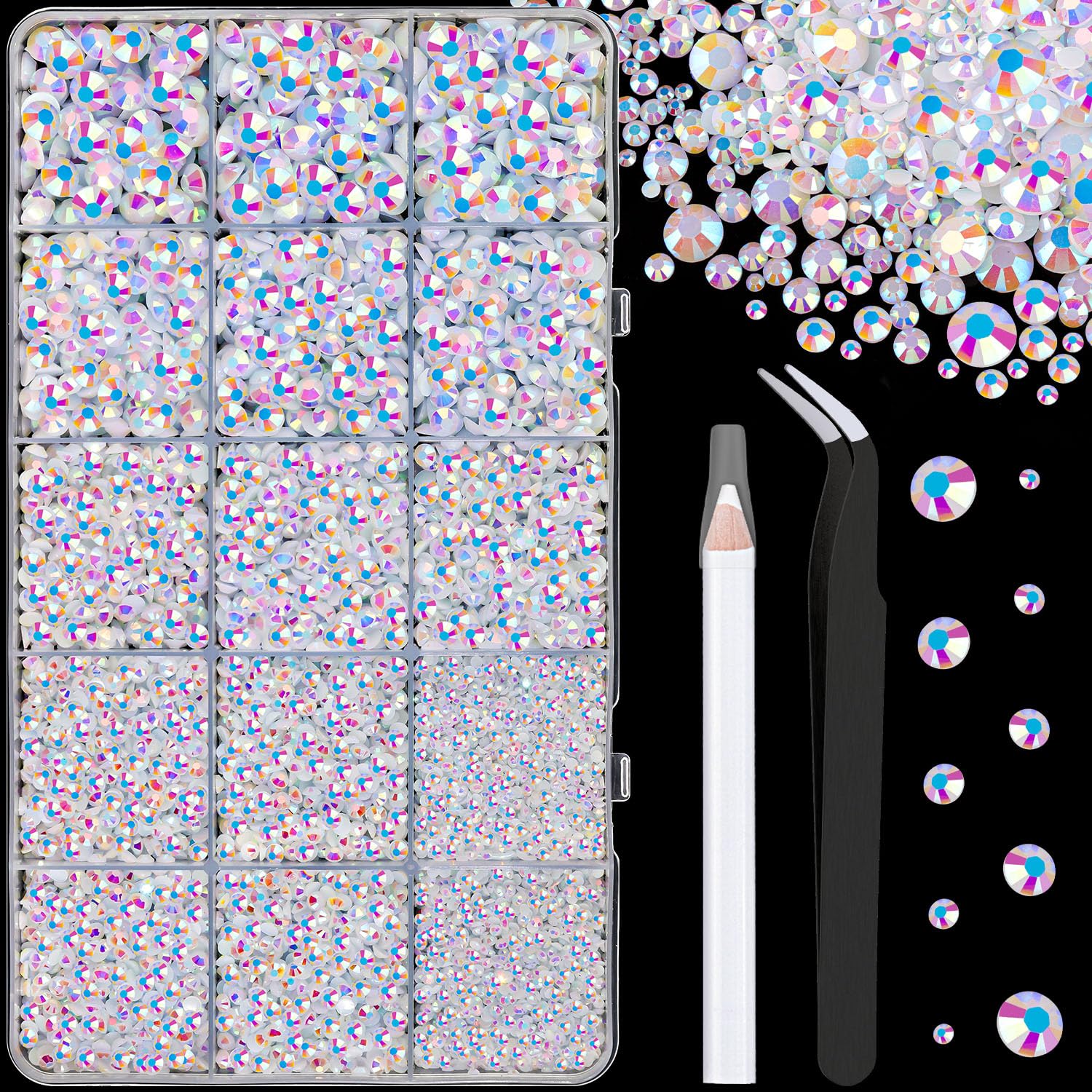 16000Pcs Resin Jelly Rhinestones with Tweezers for Crafting, White AB 2-6mm Mixed Sizes Flatback Gems, Bedazzling Crystal for DI