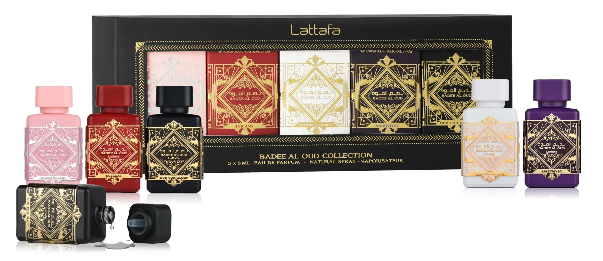 Lattafa Badee Al Oud Collection - 5    5 ml Eau de Parfum Gift Set for Unisex (Honor & Glory + Sublime + Amethyst + Oud for Glo