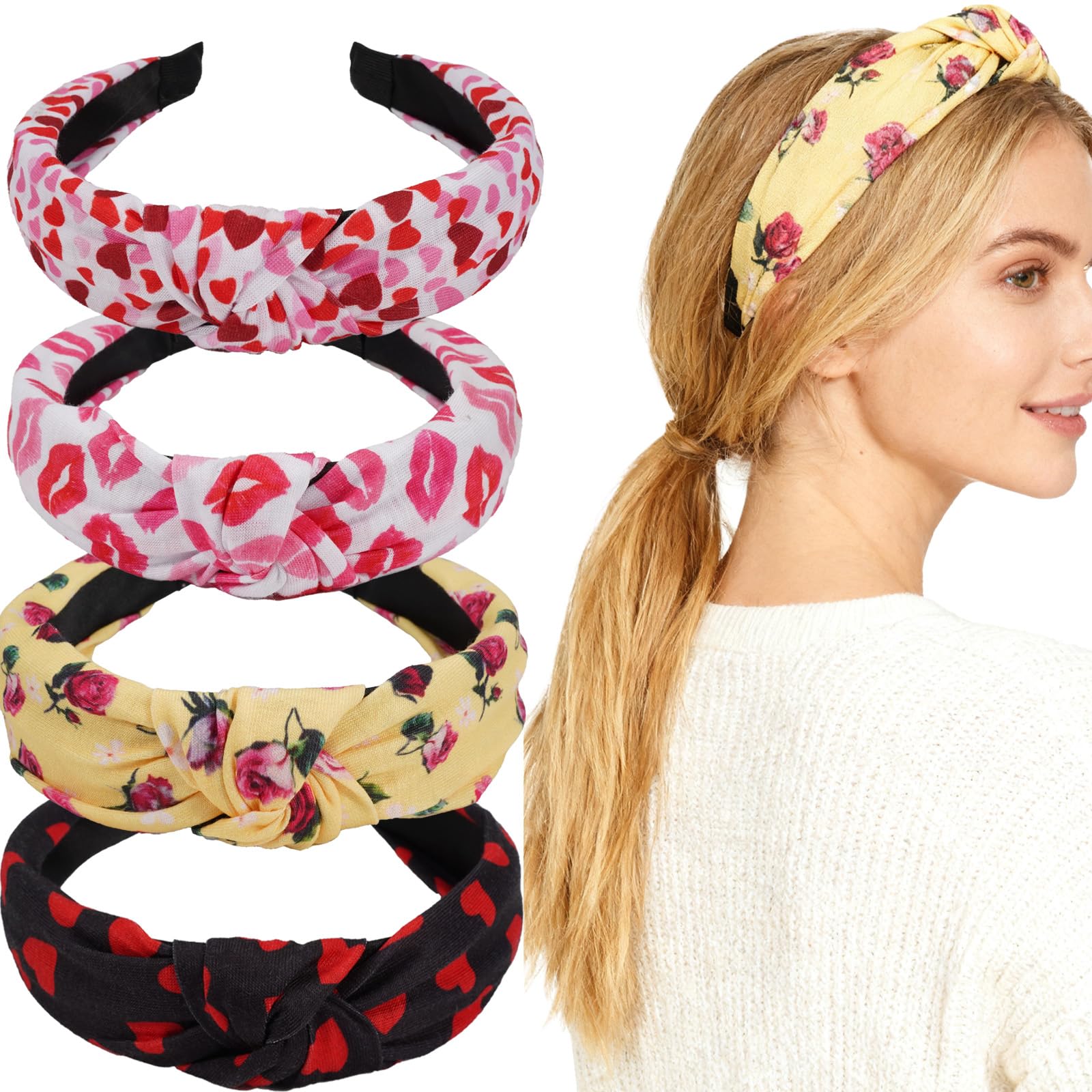 Bookay Valentines Day Statement Headband for Women - Wide Non-Slip Hairband with Rose & Heart Accessory, Fashion for Dating and