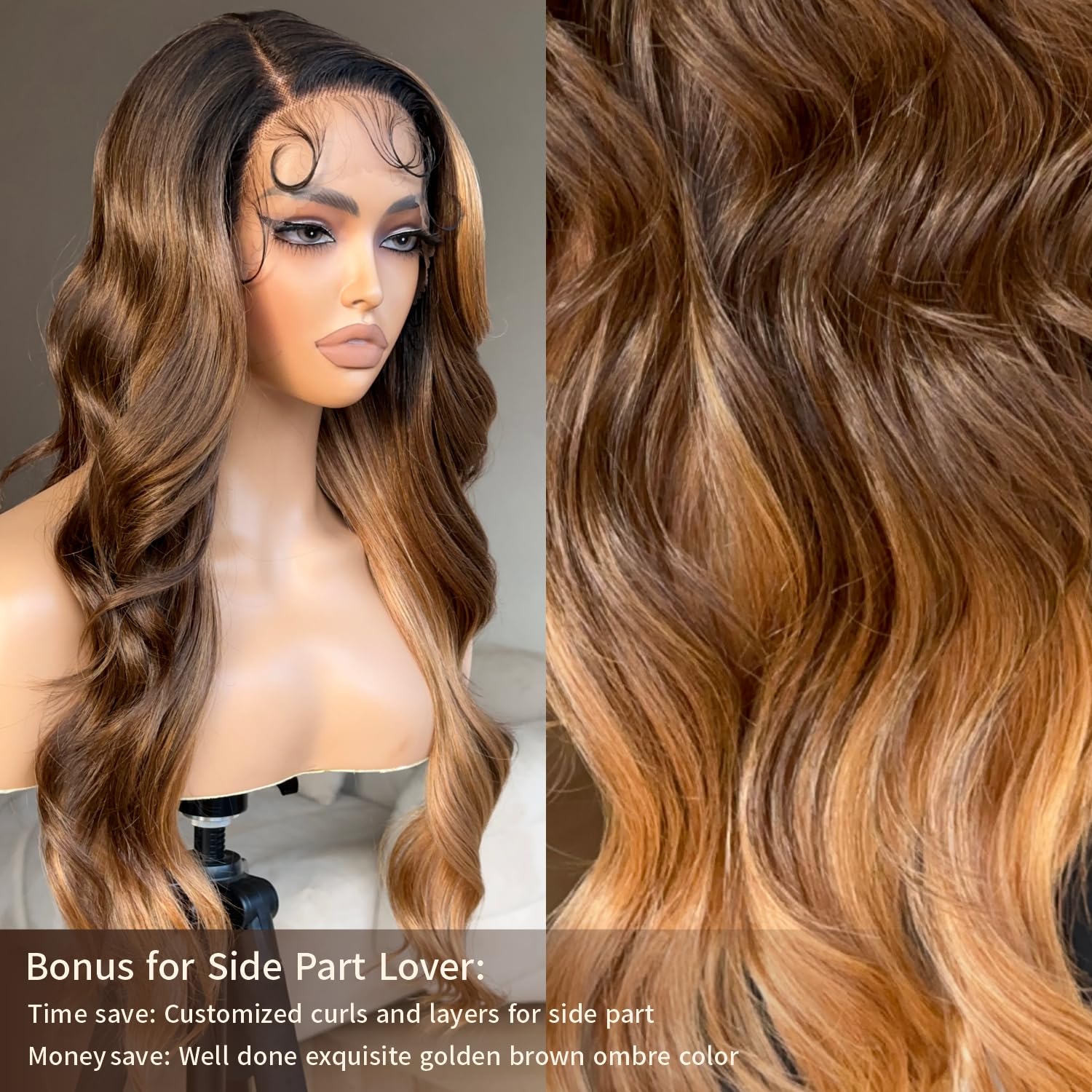 BrownBomb Ombre Lace Front Wig Pre Plucked, Highlight Lace Front Wig Body Wave, Glueless Synthetic Lace Front Wigs, Brown and Bl