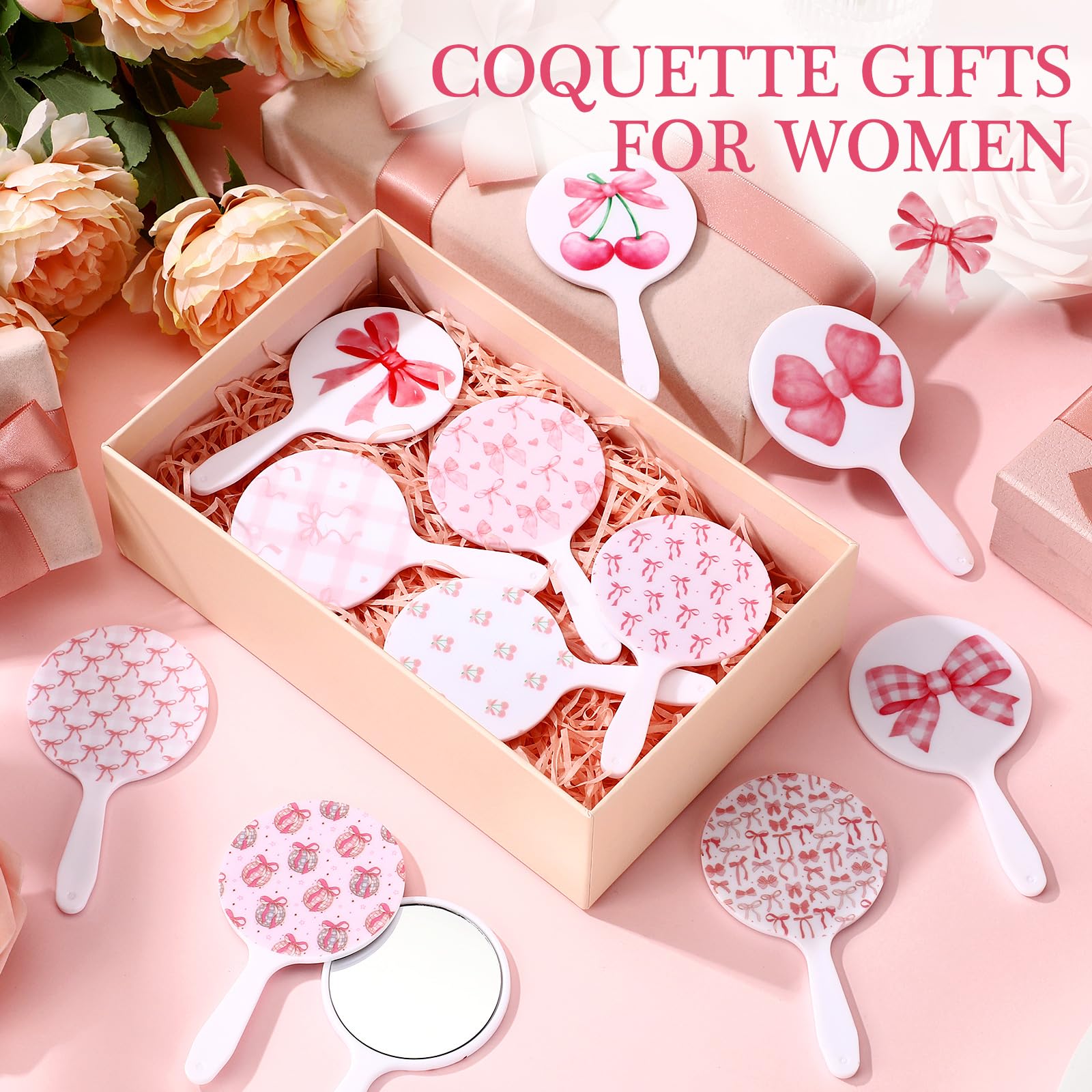 Chunful 48 Pcs Pink Bow Handheld Mirror Bulk Travel Makeup Small Round Mirror Gifts for Women Birthday Wedding Party Favors