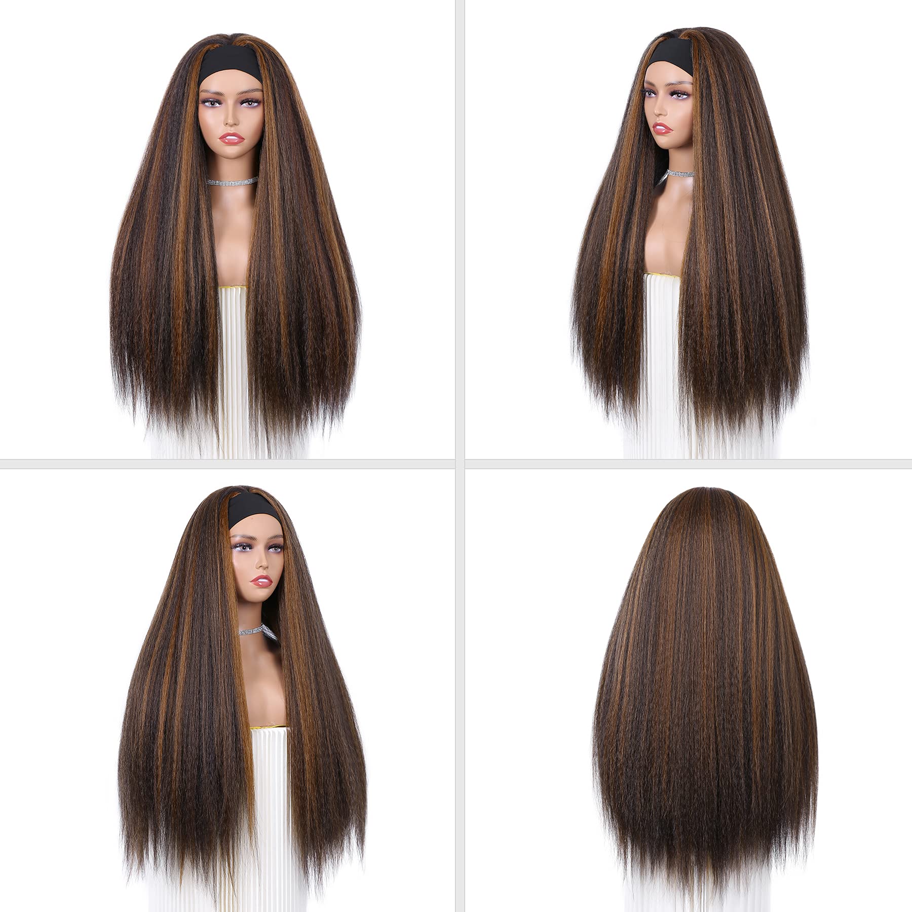 Wignee 26 Inches Kinky Straight Headband Wig For Women Yaki Straight Wigs With Black Headband Kinky Afro Wigs For Black Women(Br