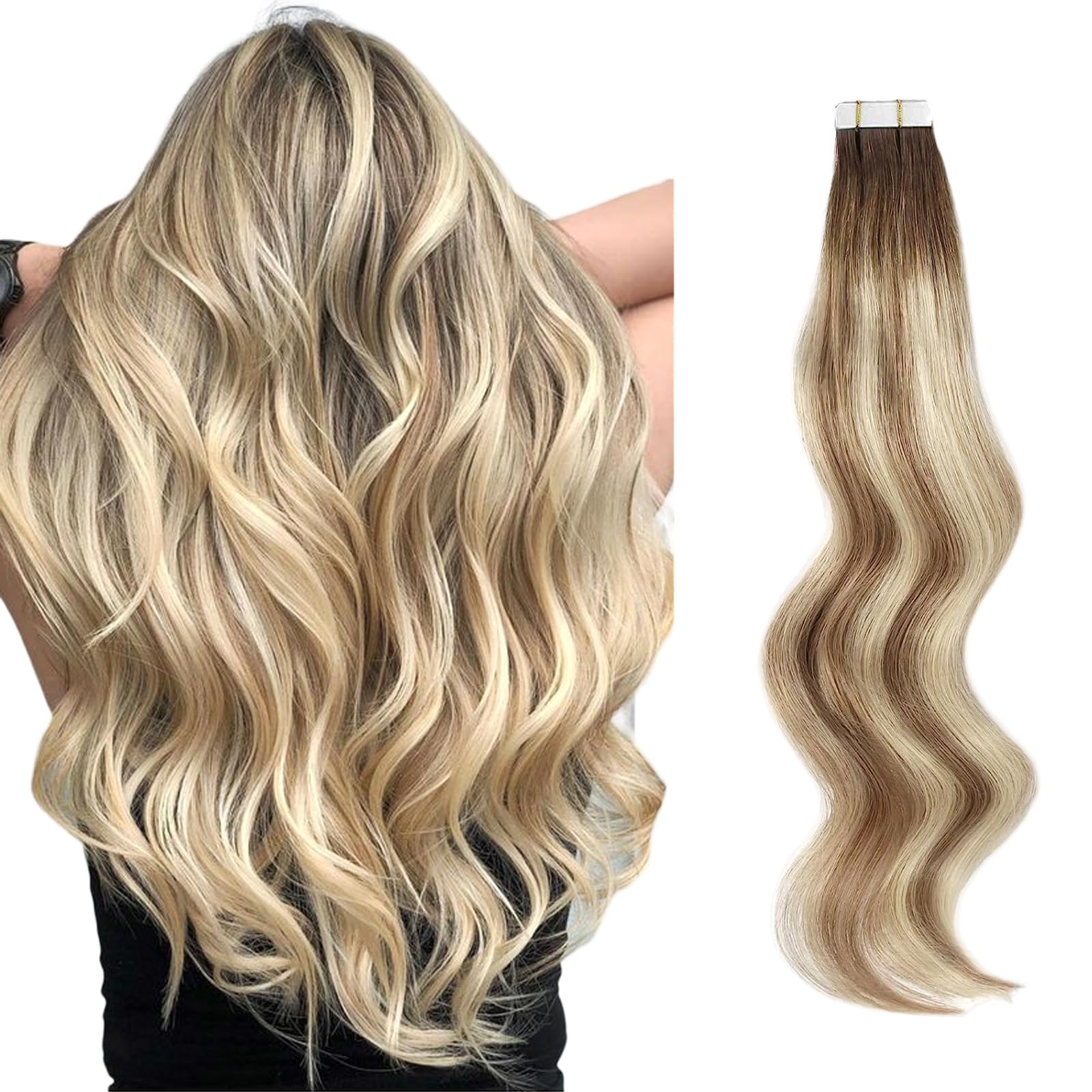 Abh Amazingbeauty Hair Semi-Permanent Pre-Taped Double Sided Rooted Highlight Remy Tape In Extensions, Real Remy Human Hair, Ash