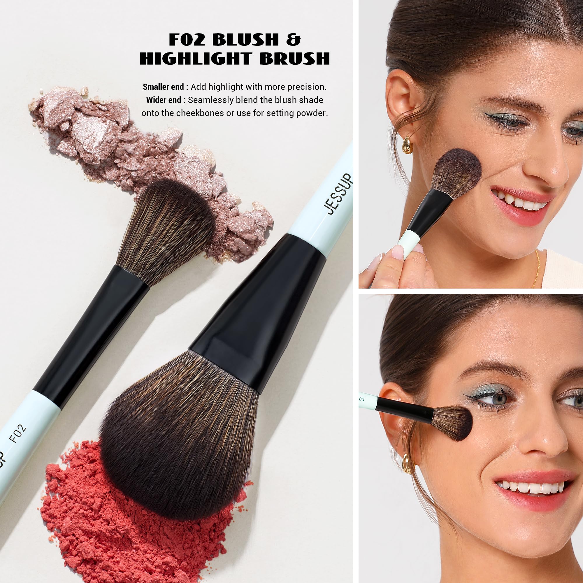 Jessup Face Makeup Brushes Blue 3Pcs Double Ended Makeup Brush For Foundation Contour Blush Highlight And Concealer Brush, Premi