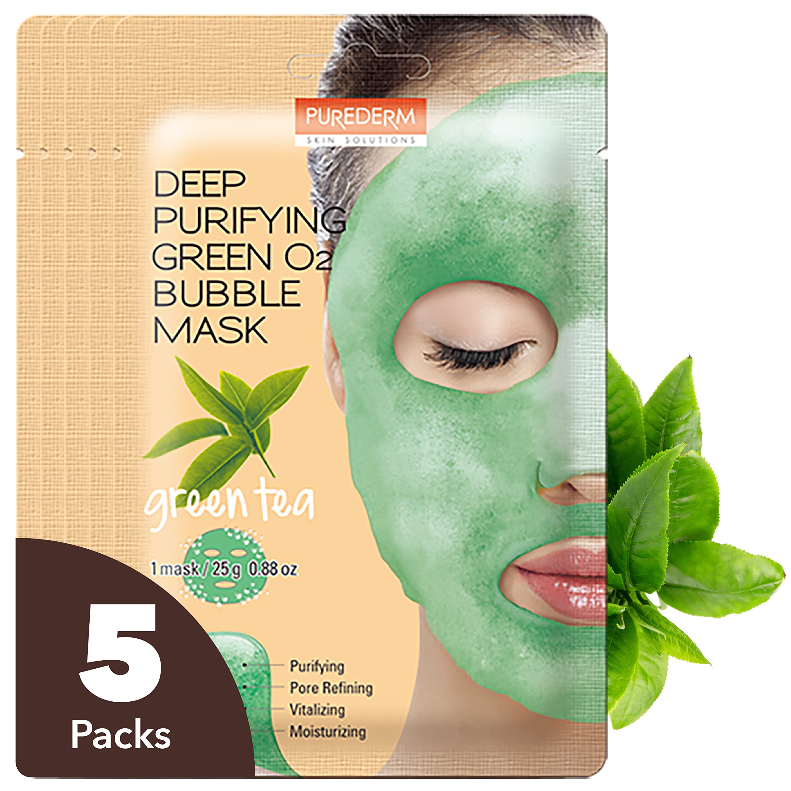 Purederm Green Tea 5 Pack Facial Mask - Deep Cleansing, Moisturizing, Soothing, And Hydrating For All Skin Types