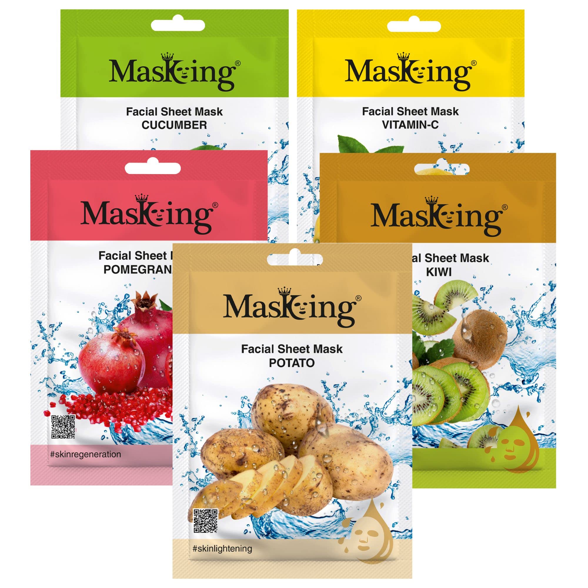 Masking Beauty Facial Sheet Mask Cucumber, Lemon, Pomegranate, Kiwi & Potato For Skin Calming, Brightening, Regeneration, Glowin