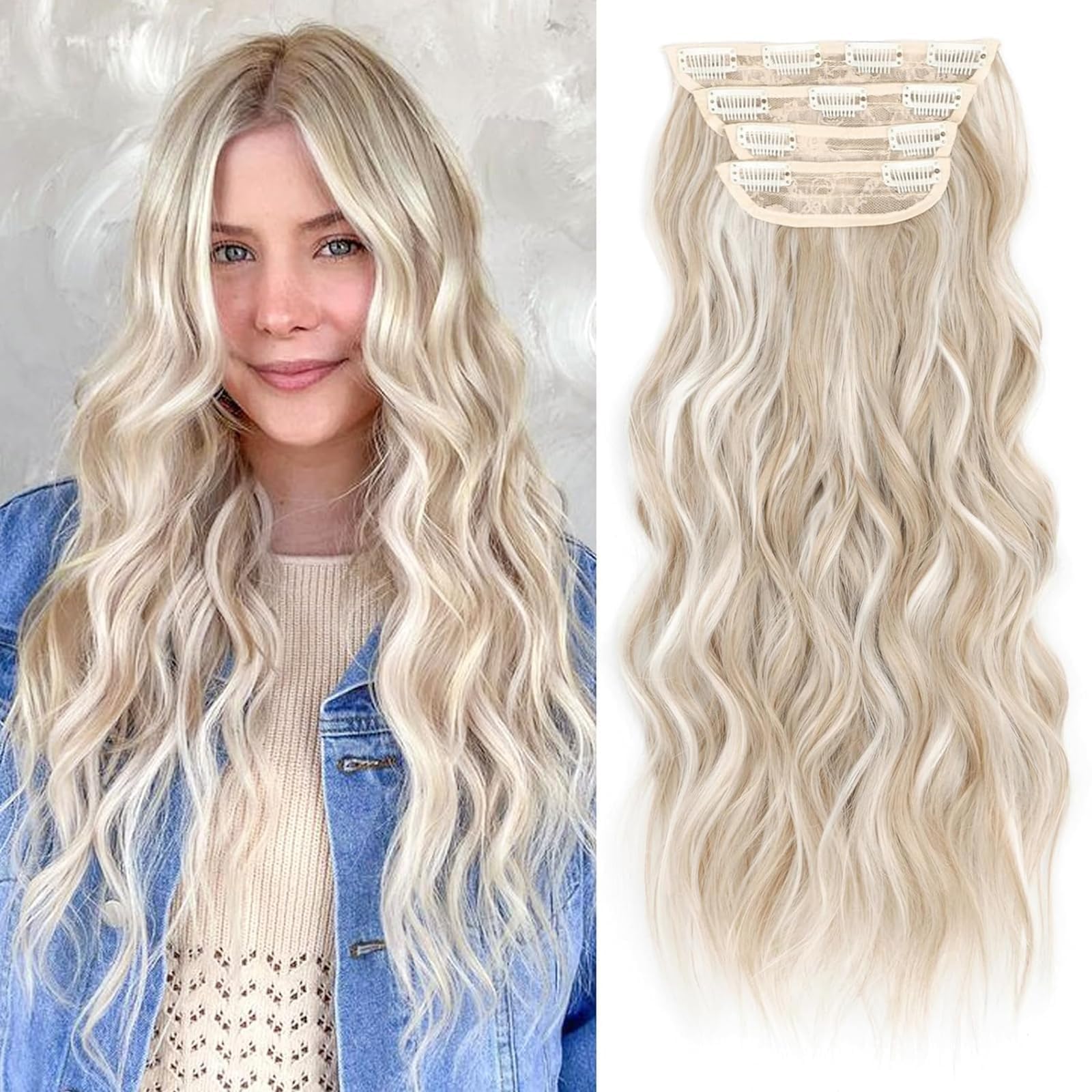 ALXNAN Clip in Long Wavy Synthetic Hair Extension 20 Inch Ash Blonde Mix Highlights 4PCS Thick Hairpieces Fiber Double Weft Hair