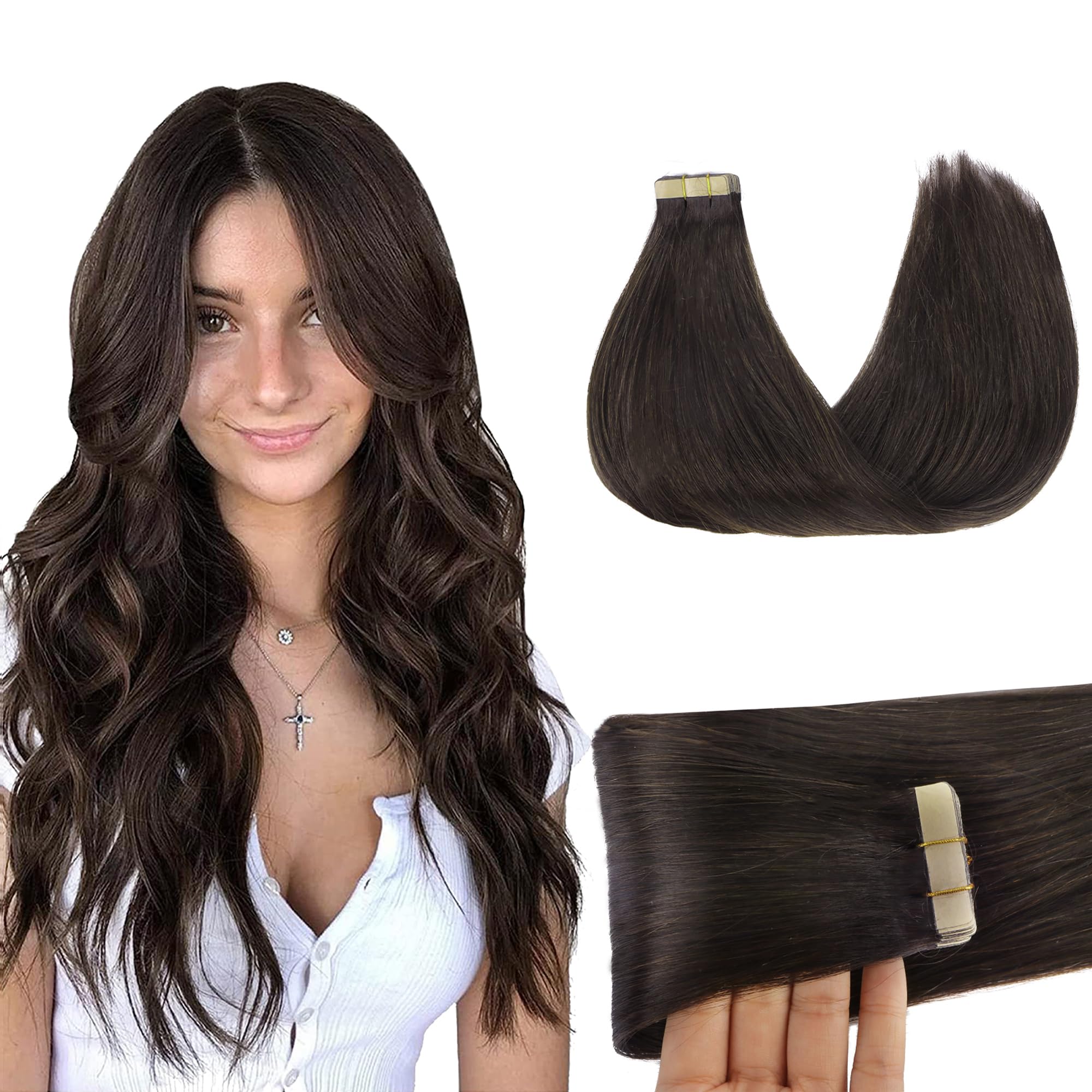Goo Goo Tape In Hair Extensions Human Hair, 2A Light Brown, 26Inch 60G 20Pcs, Thick Ends Straight Seamless Tape In, Invisible Ta