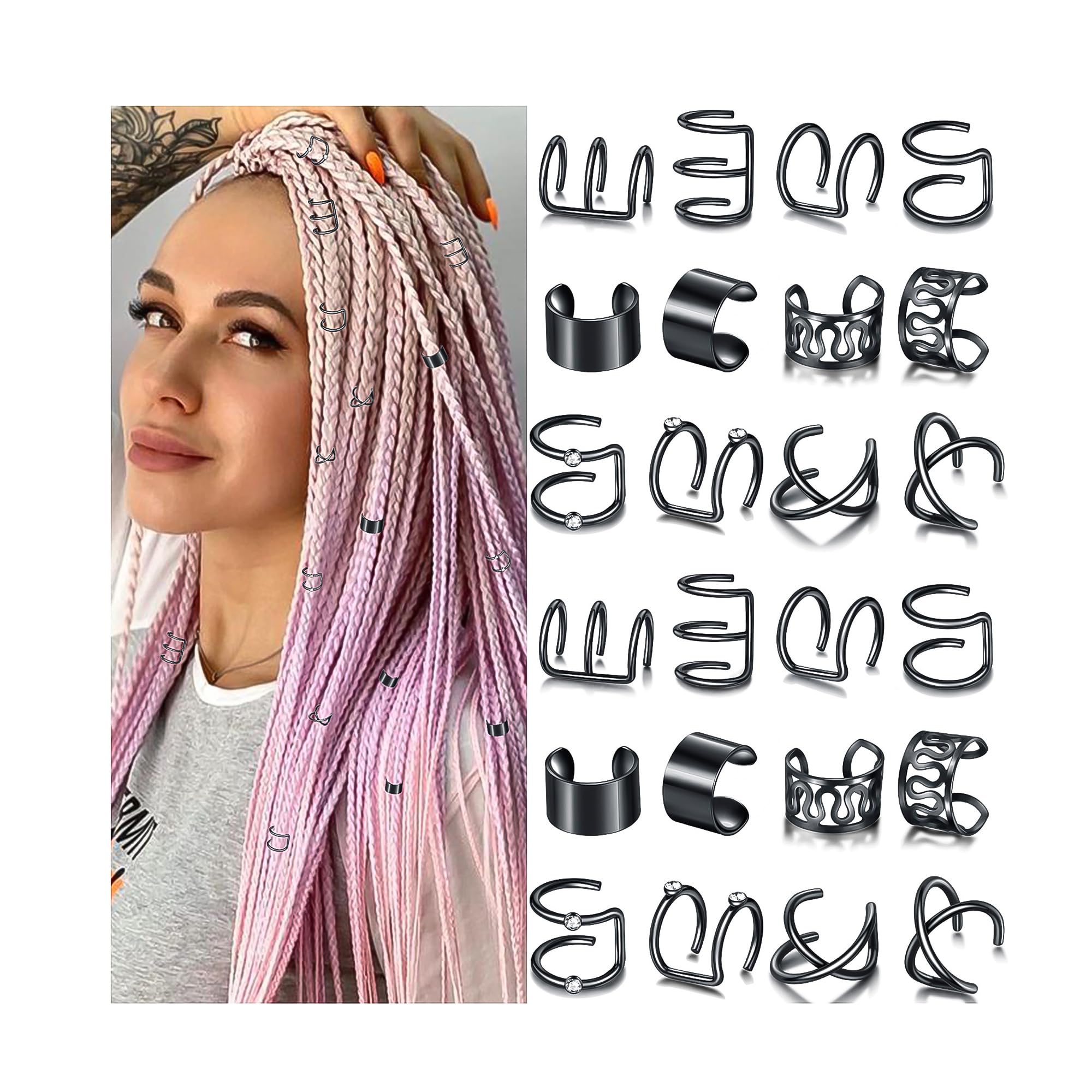 NAISKA 24PCS Black Hair Jewelry for Braids with Crystal Rhinestone Loc Dreadlock Accessories Metal Braid Clips Non-Piercing Ear 
