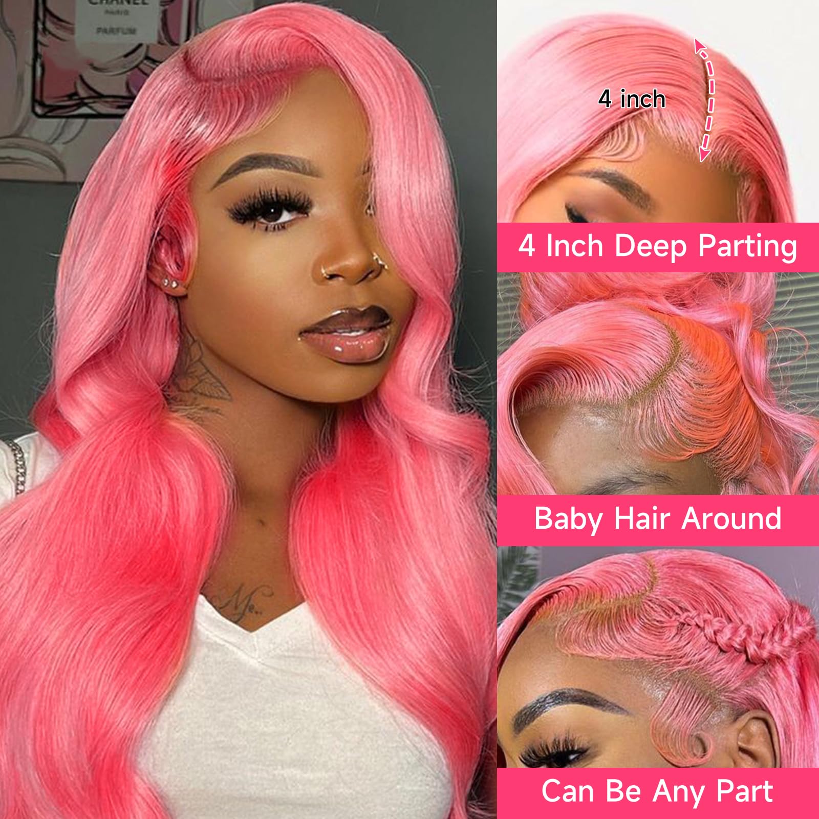 Lotulo Pink Lace Front Wig Human Hair, 13X4 Lace Front Wigs Human Hair Colored 180% Density Body Wave Pink Wig Human Hair Lace F