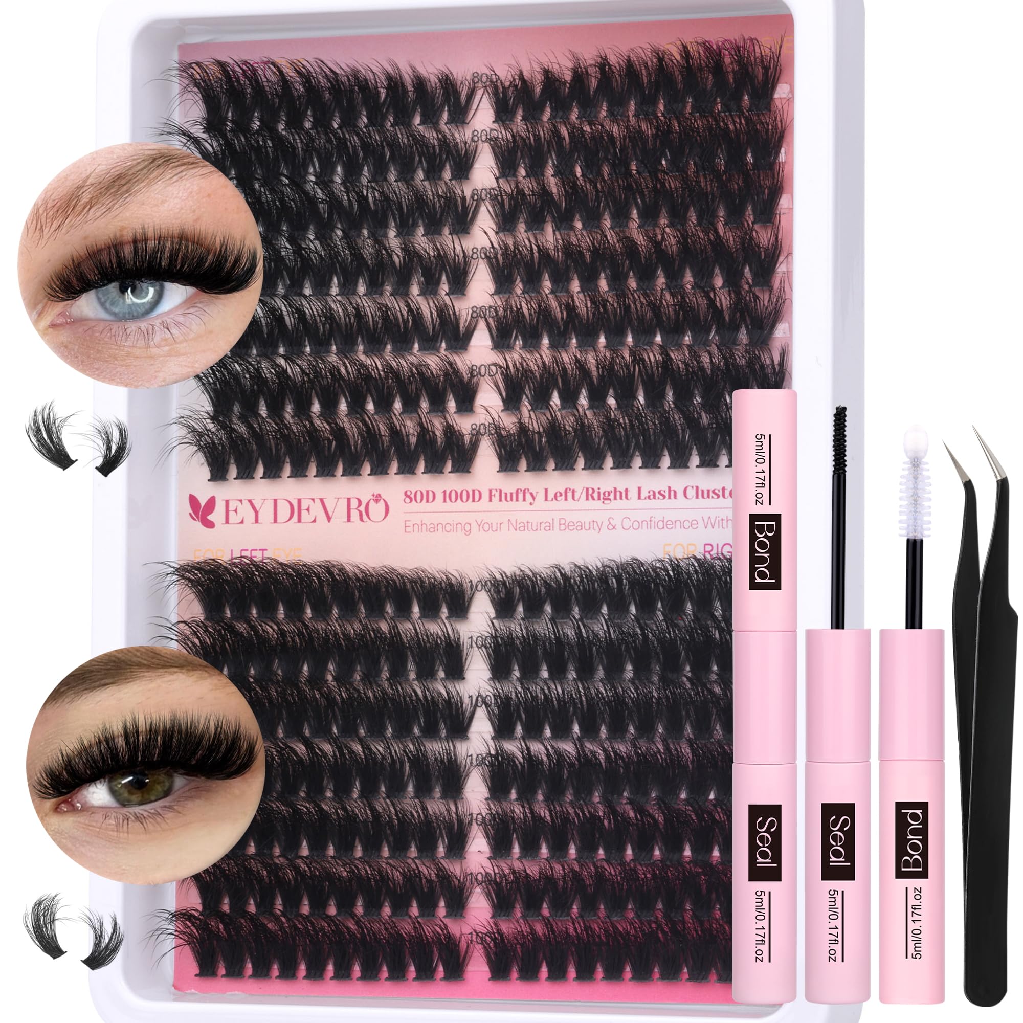 Eydevro Fluffy Lash Clusters Kit 80D100D Volume Lash Extension Kit 280 Pcs Left/Right Cluster Eyelash Extension Kit D Curl Thick