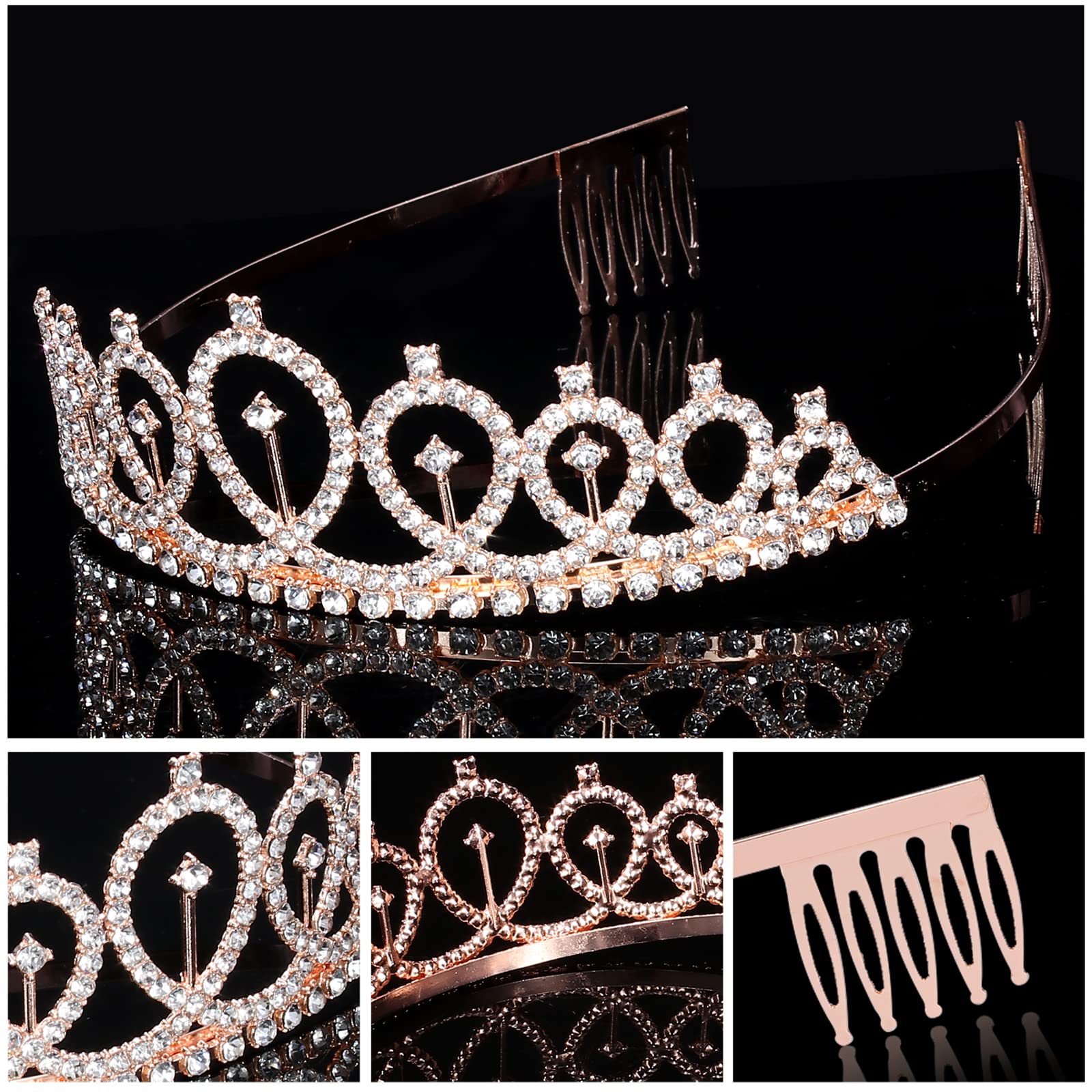 Cieher Rose Gold & Black Birthday Crown Set - Crystal Crown & Sash For Women & Girls (Birthday)