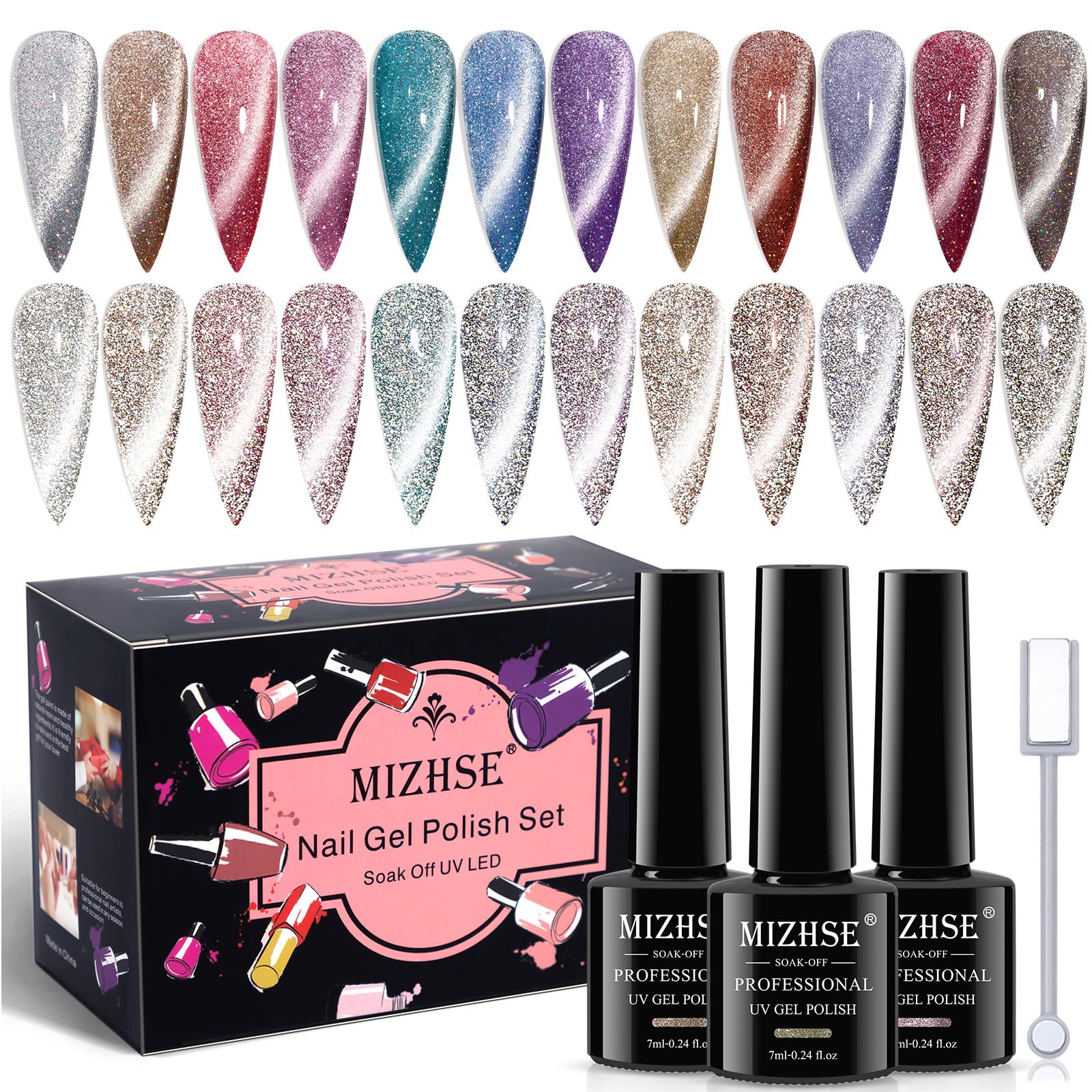 Mizhse Reflective Cat Eye Gel Polish Sparkly Magnetic Cateye Nail Gel 7Ml, Shiny Diamond Soak Off Magnet Manicure Set 12Pcs