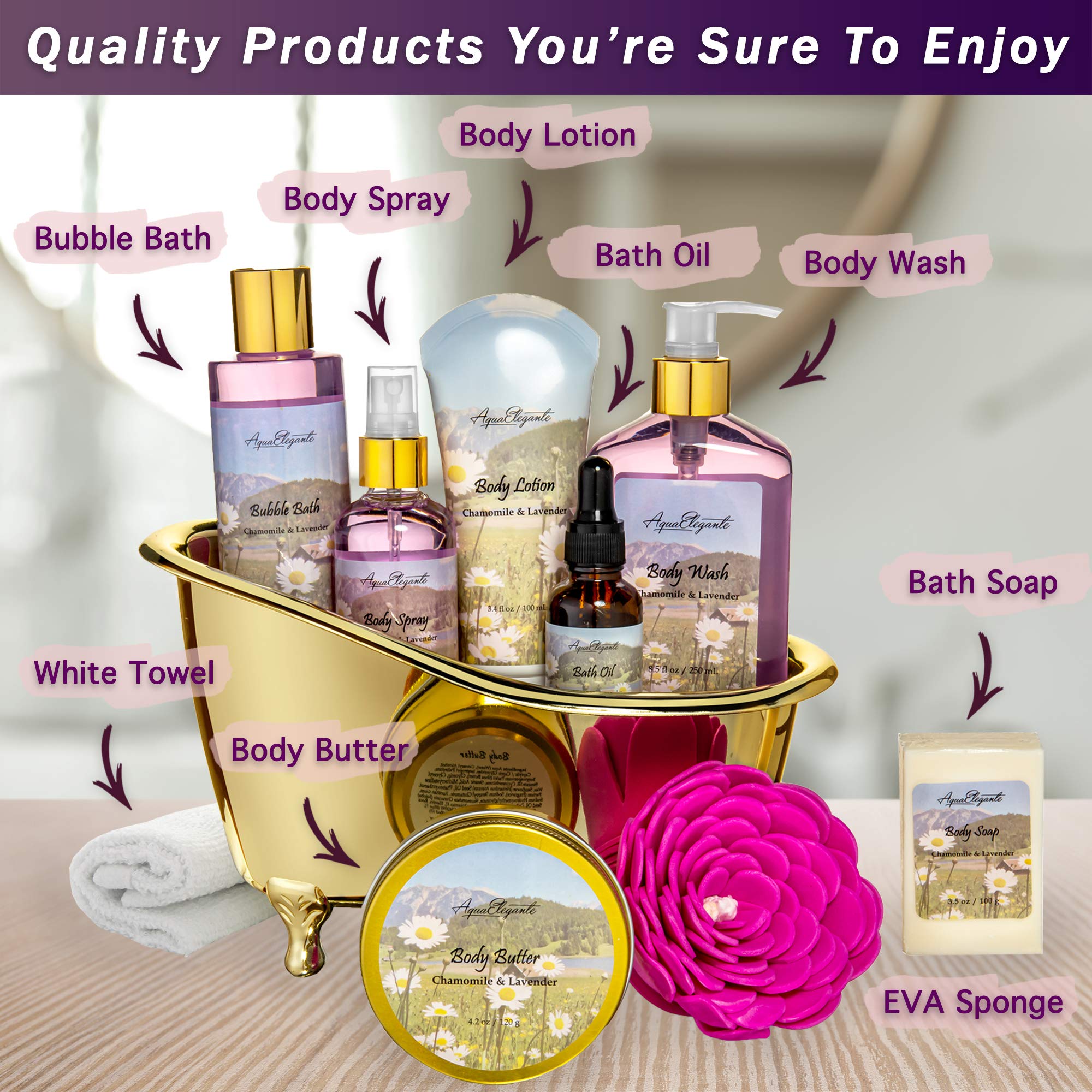 Aqua Elegante Spa Gift Basket - Luxury Bath Set with Lavender & Chamomile, 10 Piece Set