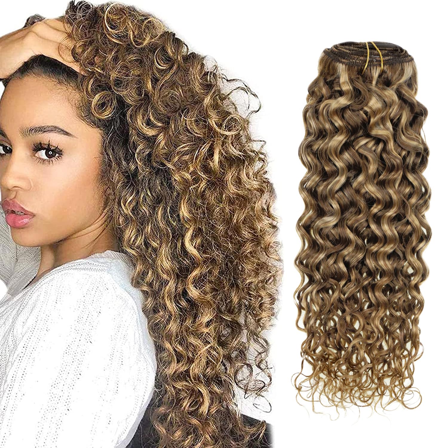 Hetto Curly Clip in Hair Extensions Human Hair Natural Wavy Clip in Human Hair Extensions #P4/27 Brown Highlight Blonde Curly Ha