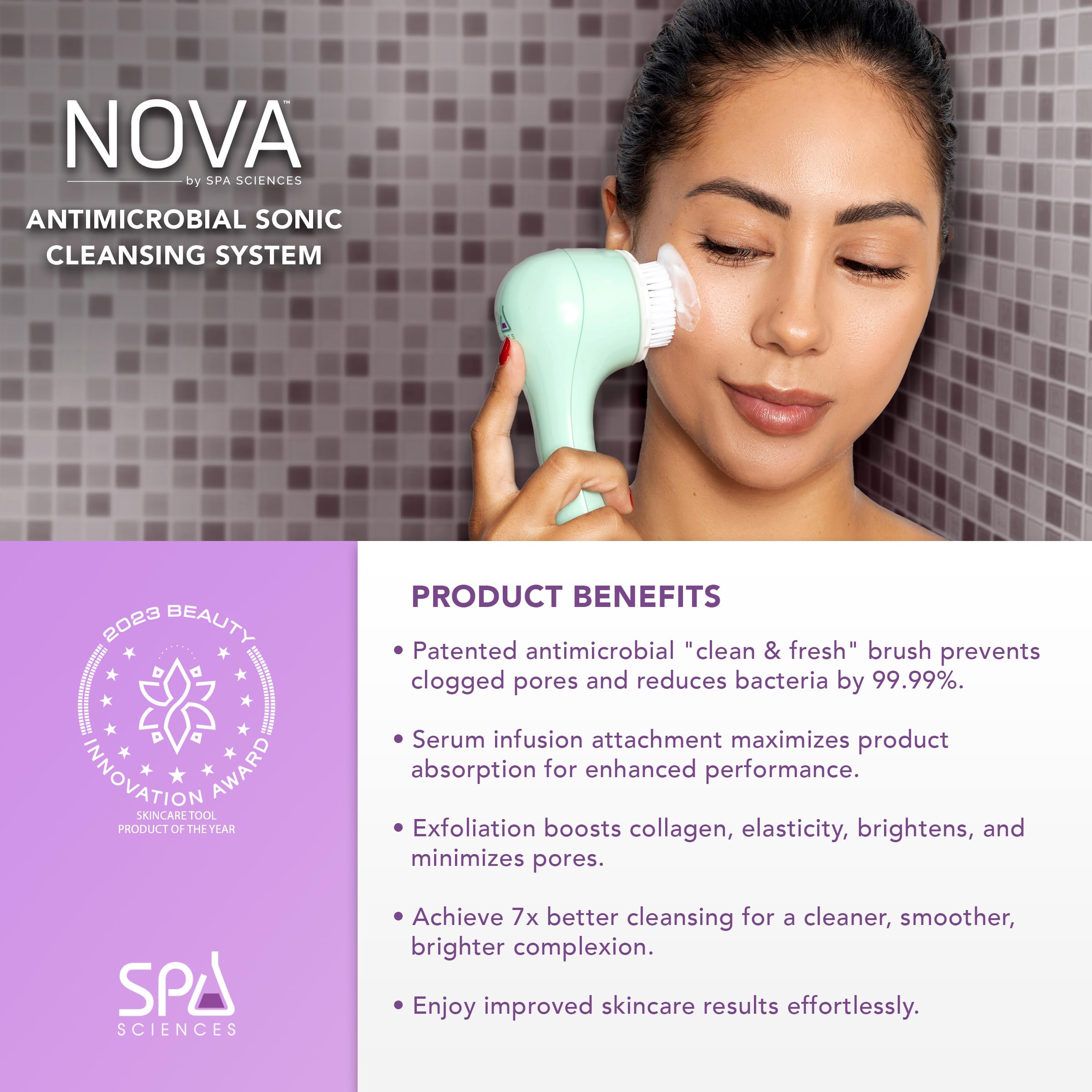 Spa Sciences - Nova - Sonic Cleansing Brush With Bristles & Infusion System - Anti-Aging Facial Exfoliating, Waterproof, And Usb
