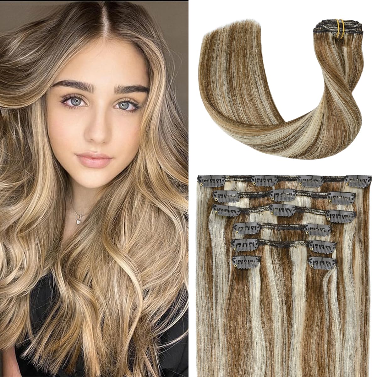 UGOTRAYS Clip In Extensions Real Human Hair Balayage Light Brown to Bleach Blonde Highlights Remy Human Hair Extensions 15 Inch 