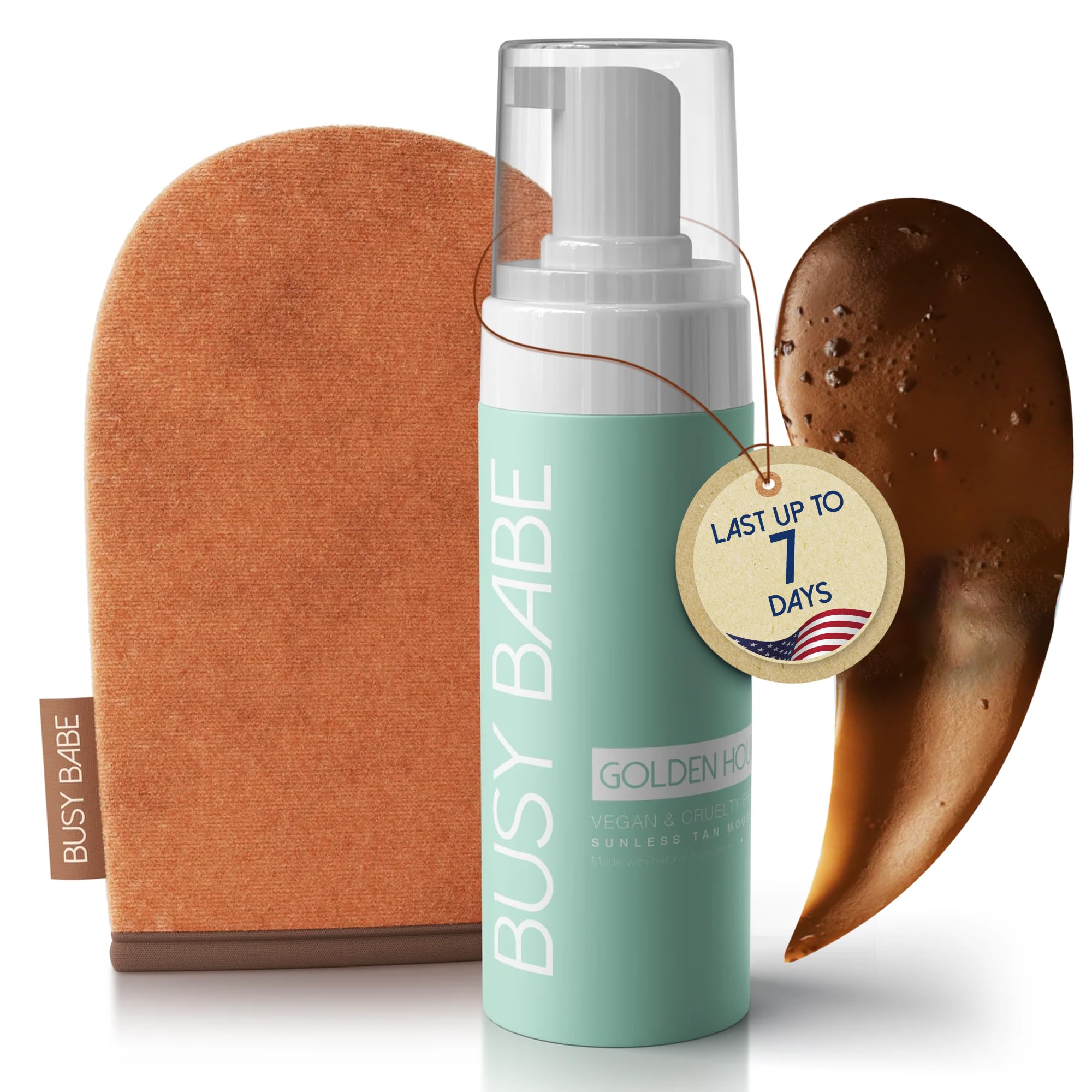 Busy Babe Golder Hour Tanning Mousse Self Tanner With Mitt - Achieve a Gorgeous, Flawless Tan, Sun-Kissed Glow for All Skin Type