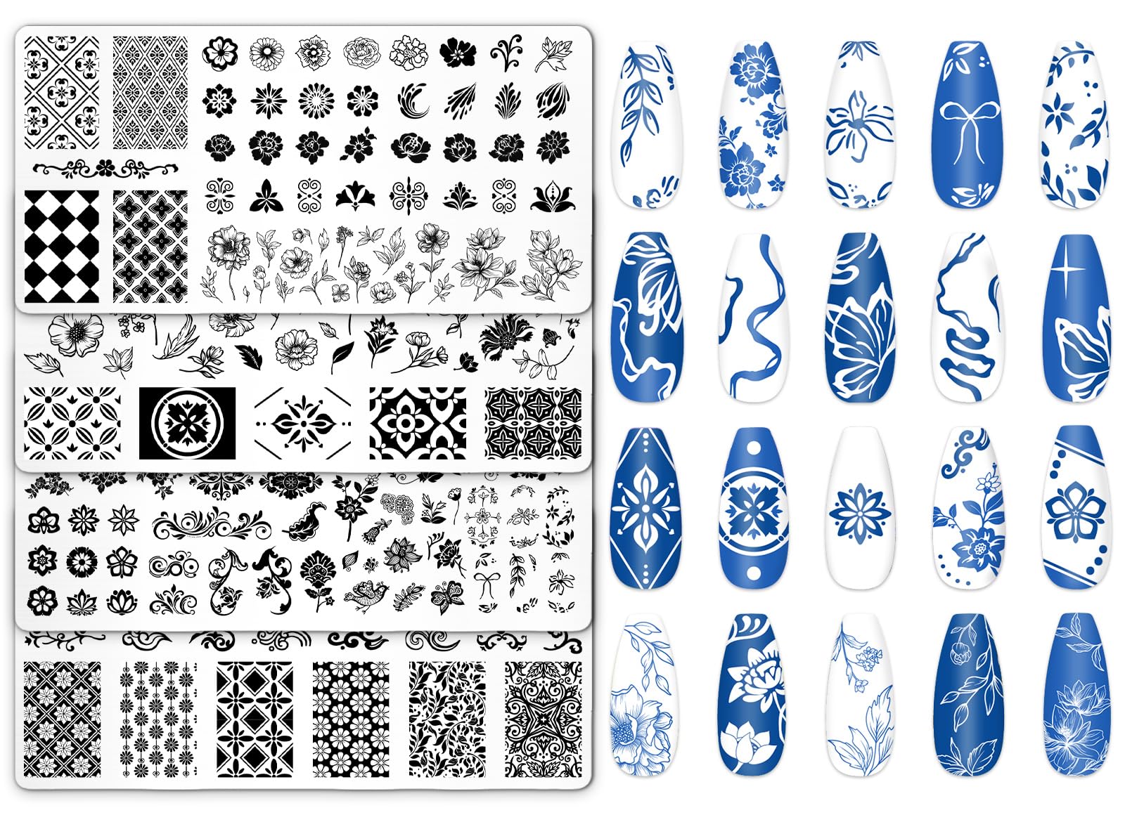 JarThenaAMCS 4Pcs Floral Nail Plates Stamping Set Flower Plant Stamp Templates Nail Art Plates for DIY Print Manicure Salon Desi