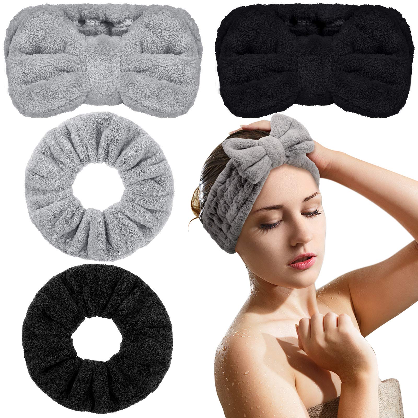 2 Pieces Large Drying Scrunchies Microfiber Towel Hair Scrunchies Thick Soft Scrunchies and 2 Pieces Microfiber Bowtie Headbands
