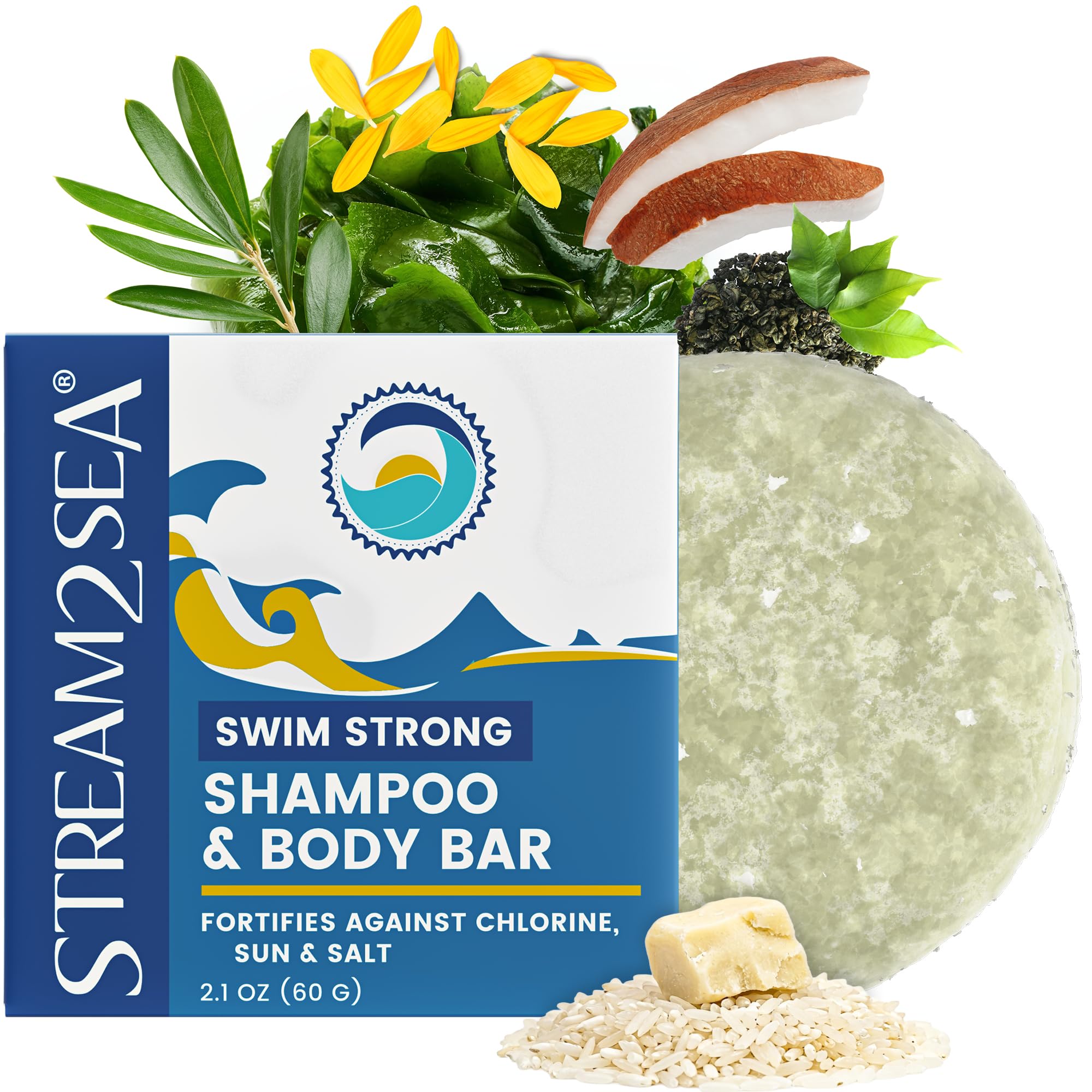 STREAM 2 SEA Swim Strong Shampoo & Body Bar - Reef Safer Biodegradable Shampoo Bar for Swimmers - Chlorine, Salt & UV Hair Recov