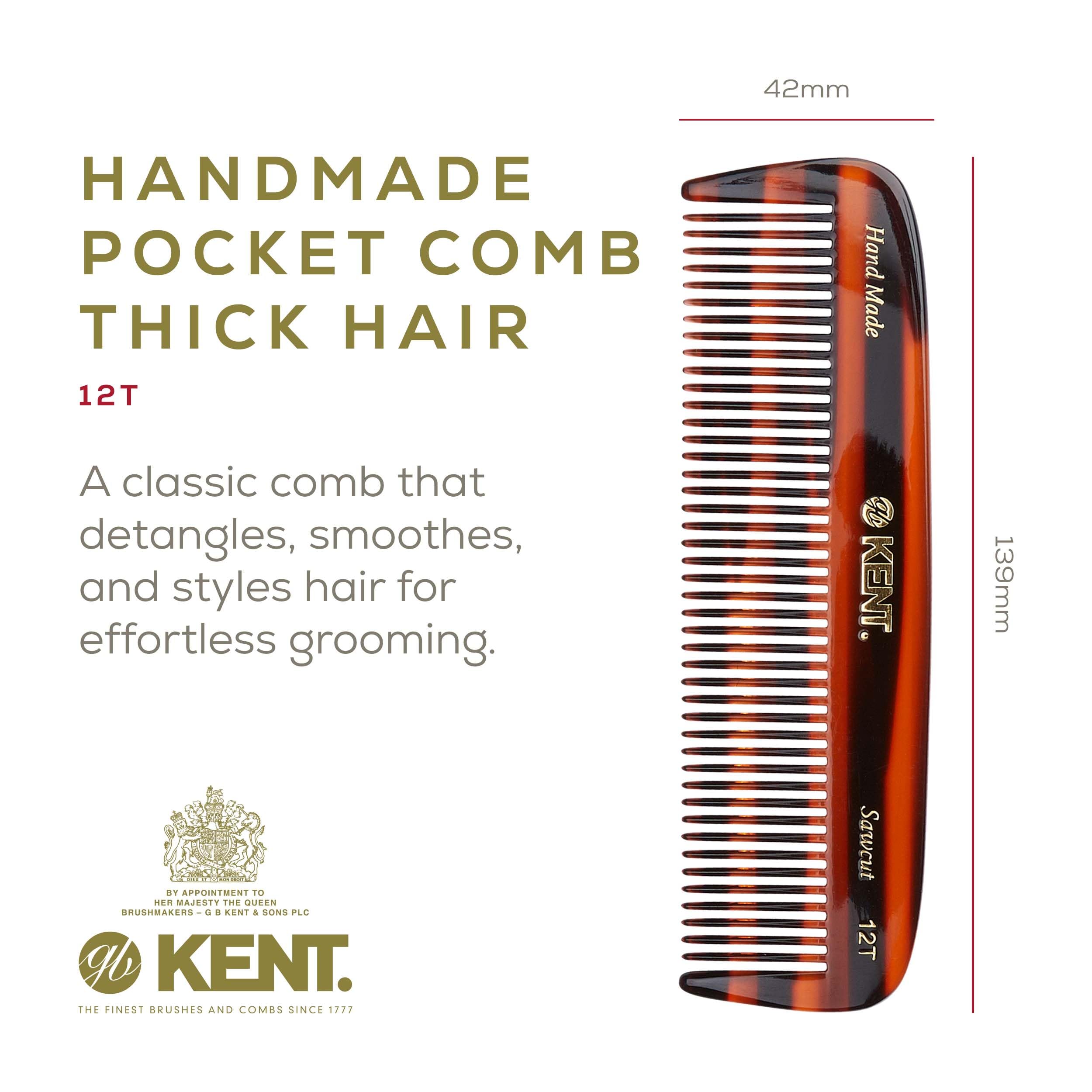 Kent 12T All Coarse Hair Detangling Comb Wide Teeth Pocket Comb for Thick Curly Wavy Hair. Hair Detangler Comb for Grooming Styl
