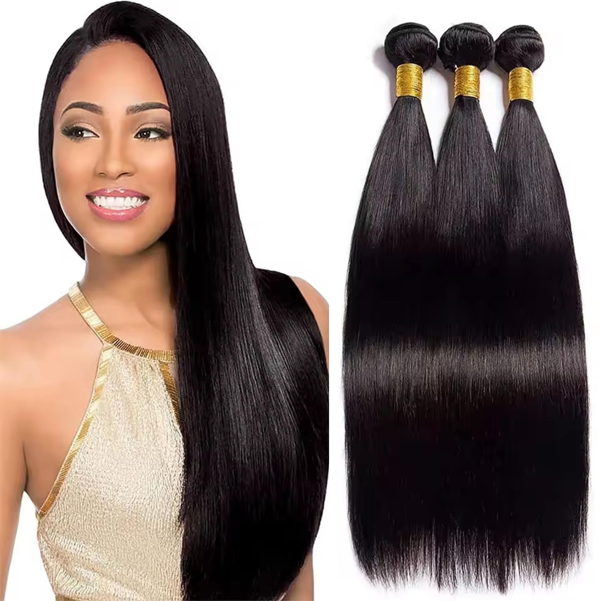 Straight Human Hair Bundles 26 28 30 Inch 3 Bundles Natural Black Bundles Human Hair Extensions #1B Color 150g