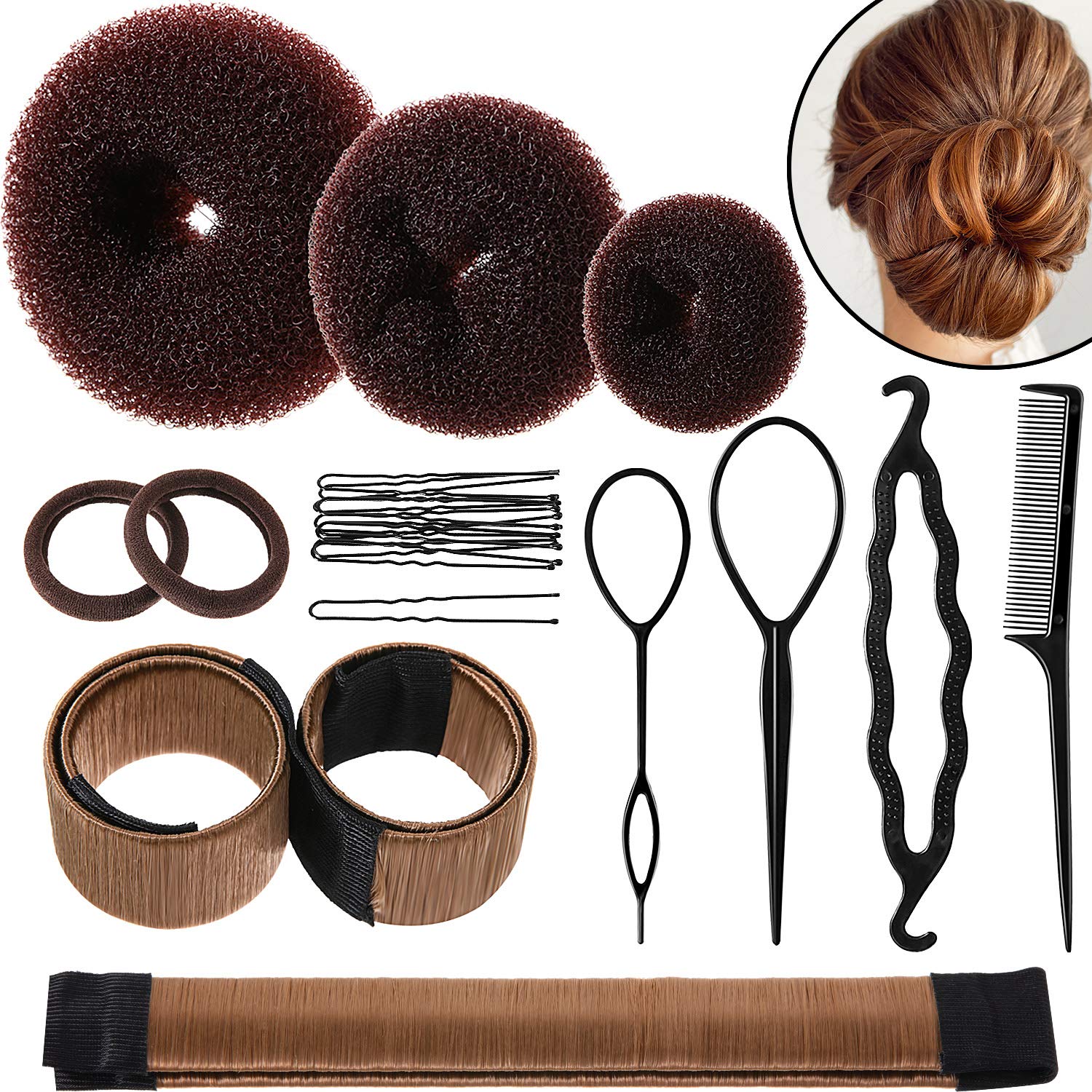 Bun Shaper Set with Donuts, Markers, Ponytail Tools, Bobby Pins, and Elastic Bands for Women and Kids