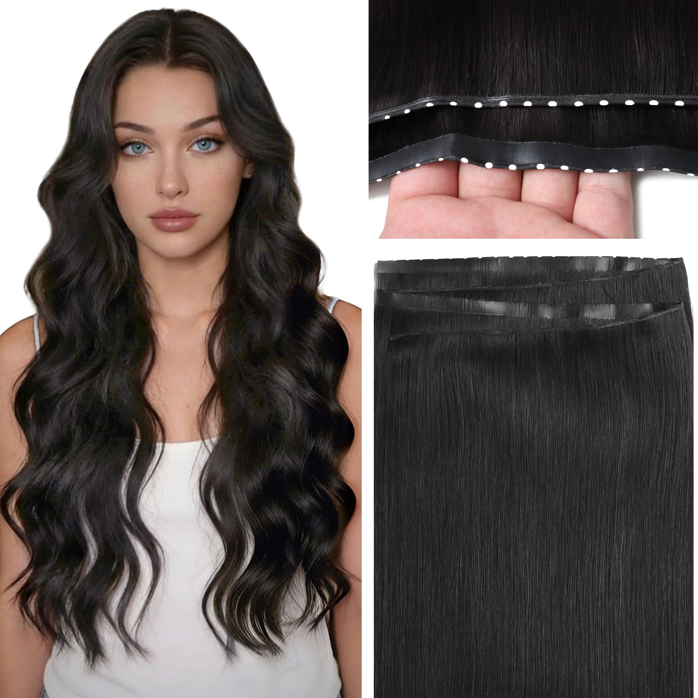 Caliee Human Hair Butterfly Weft Extensions 20 Inch Invisible Glueless OVO Pu Hole Straight Soft 50G Natural Black OVO Butterfly