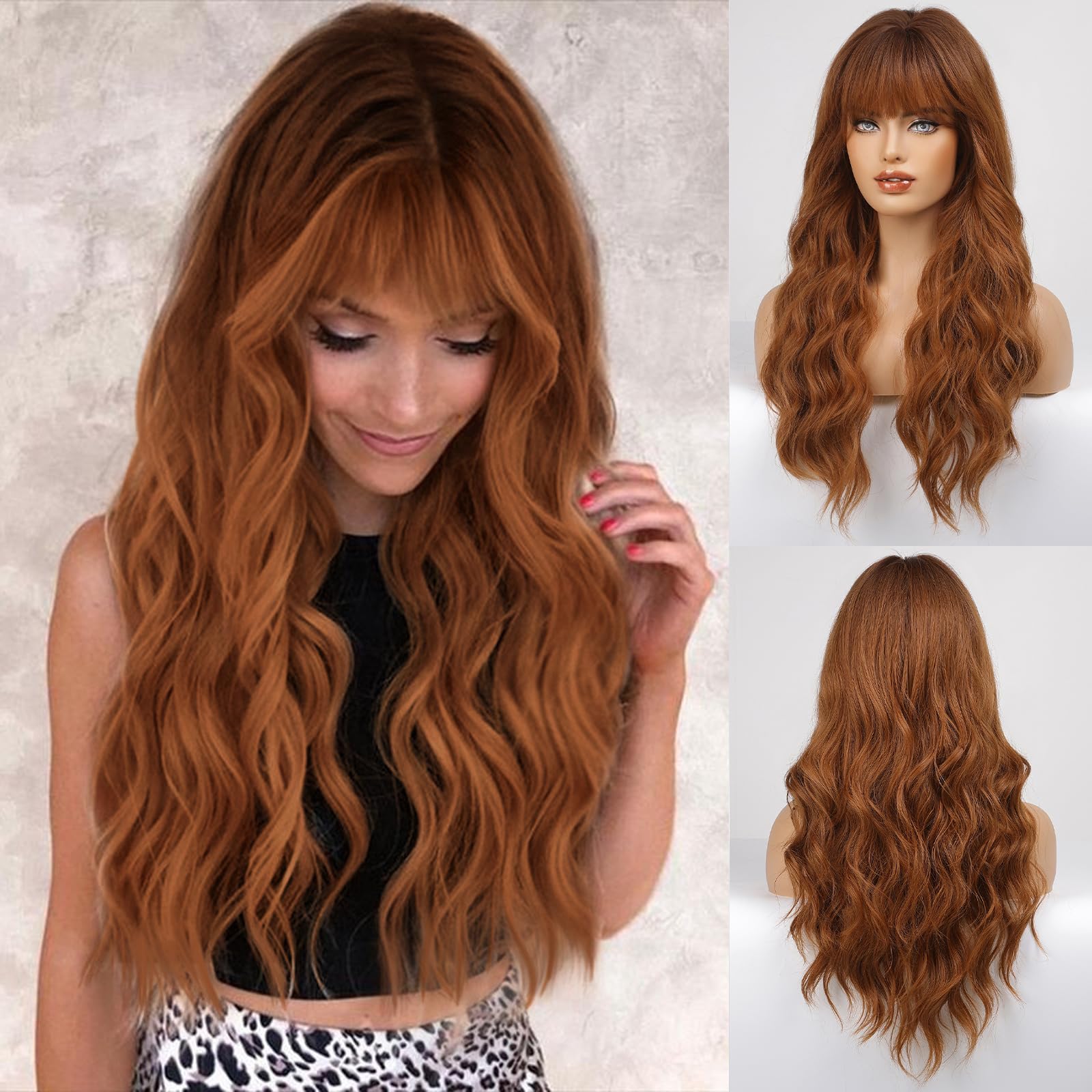 HAIRCUBE Ombre Auburn Wig with Bangs Long Curly Wig with Bangs orange wig Natural Appearance Heat-Resistant Synthetic Wig Suitab