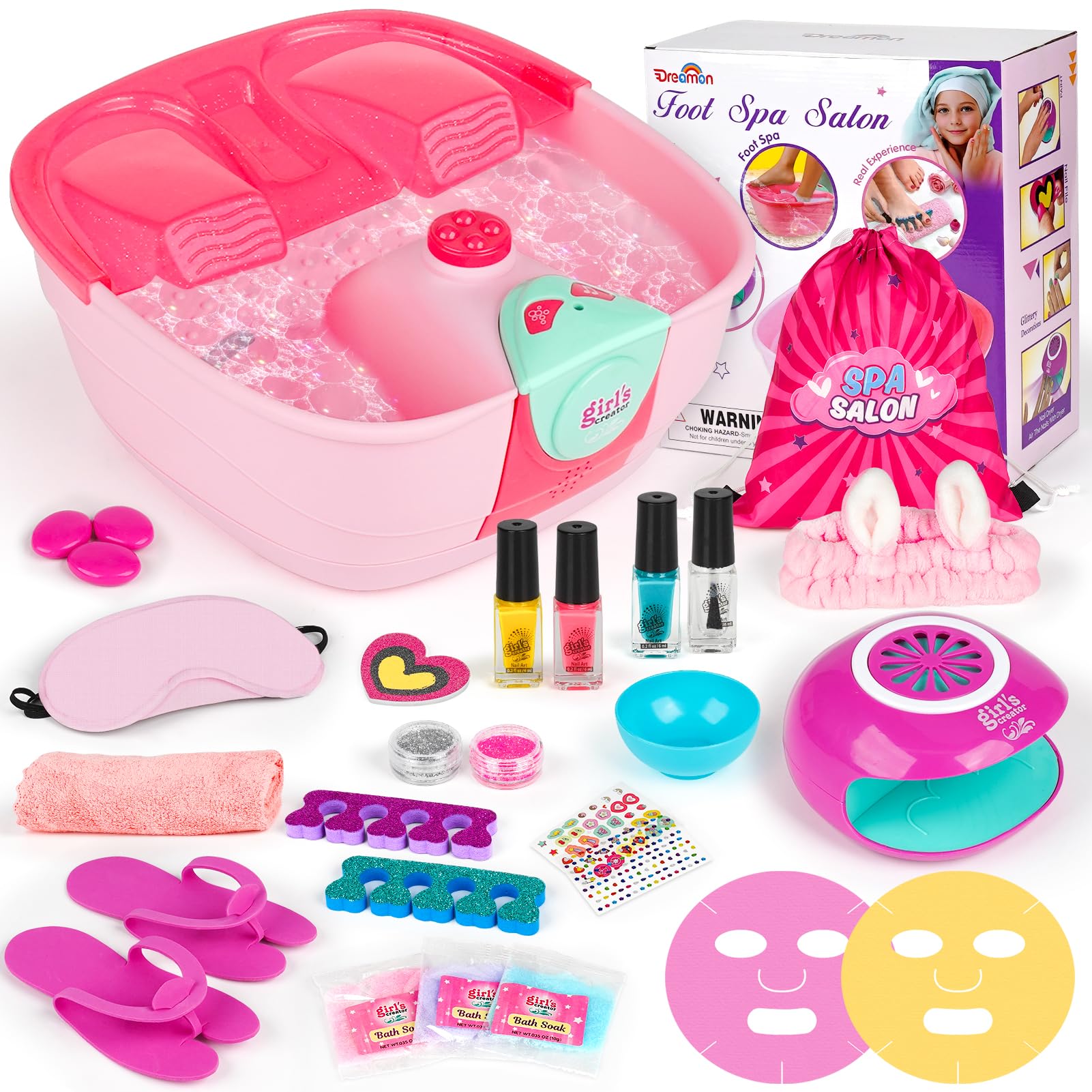 Kids Foot Spa & Nail Kit - Kids Spa Day Kit For Girls With Mask Foot Bath And Nail Dryer - Manicures Pedicure Toy Kit Nail Art S