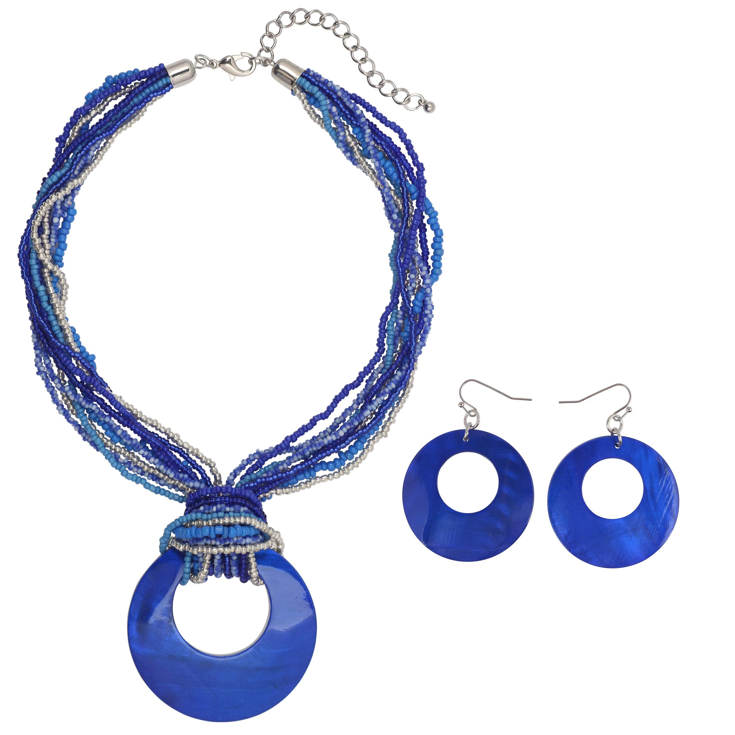 Coiris Multi Strand Statement Colorful Beaded Necklace Earrings Set with Big Circle Shell Pendant for Women (N0055-Royalblue)