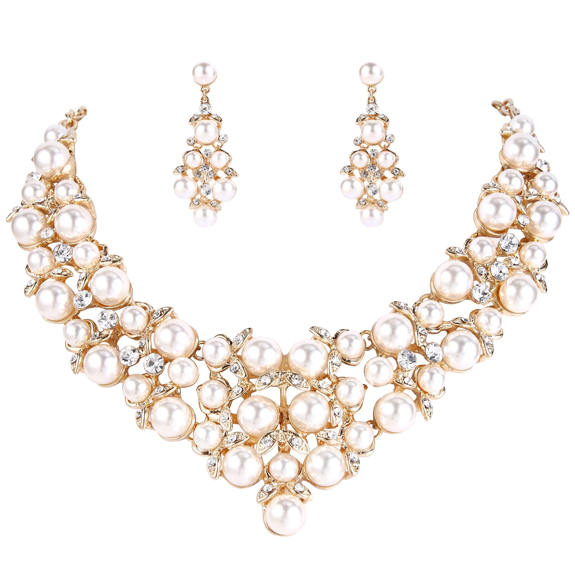 BriLove Wedding Bridal Simulated Pearl Jewelry Set for Women Crystal Cluster Statement Necklace Dangle Earrings for Party Prom C