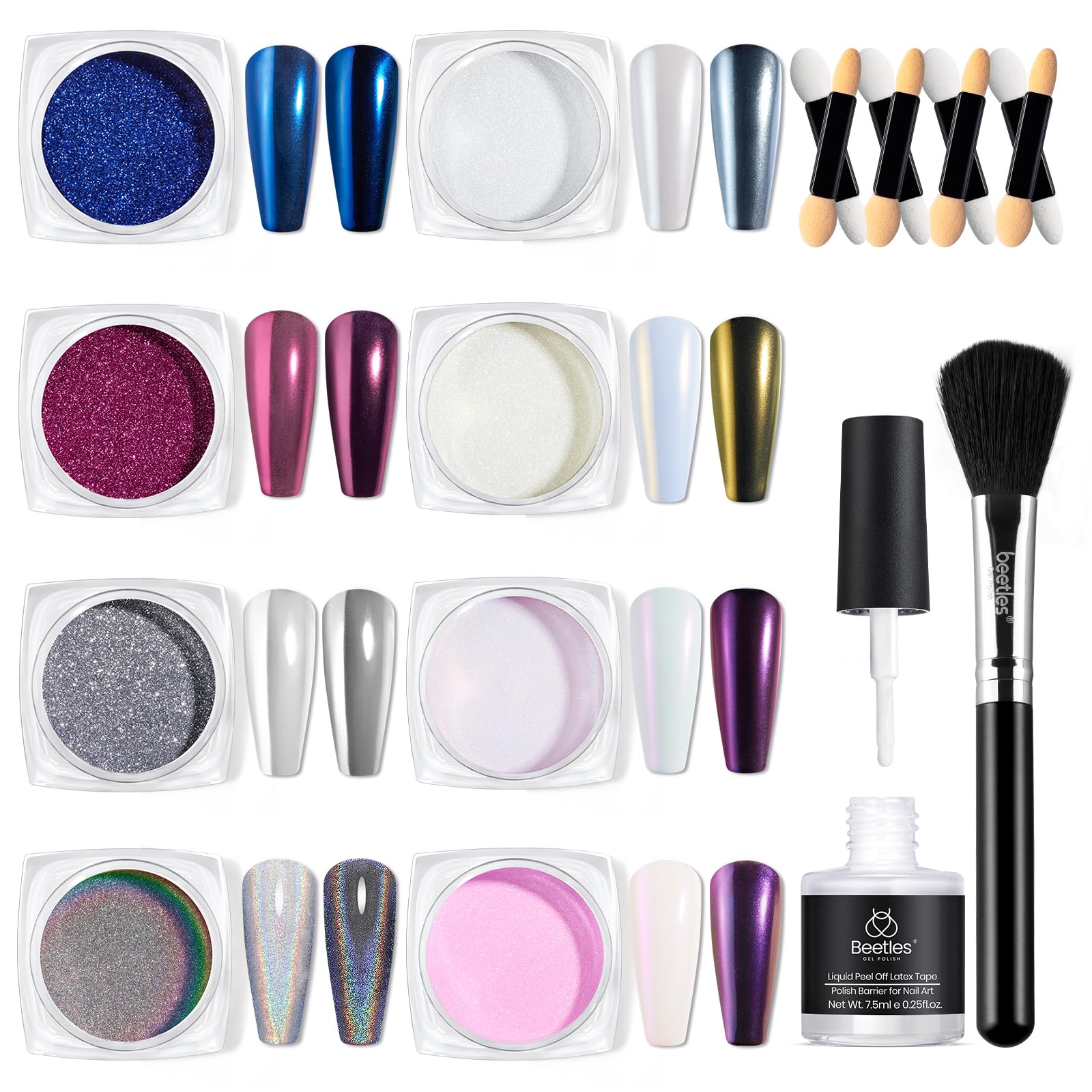 Beetles Chrome Nail Powder 8 Colors Metallic Mirror Effect Chrome Nail Powder With Liquid Latex Tape Kit,White Silver Pigment Ir