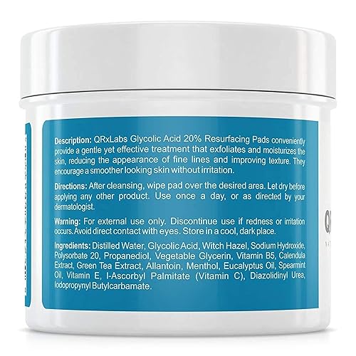Qrxlabs Glycolic Acid 20% Resurfacing Pads For Face & Body With Vitamins B5, C & E, Green Tea, Calendula, Allantoin - Exfoliates