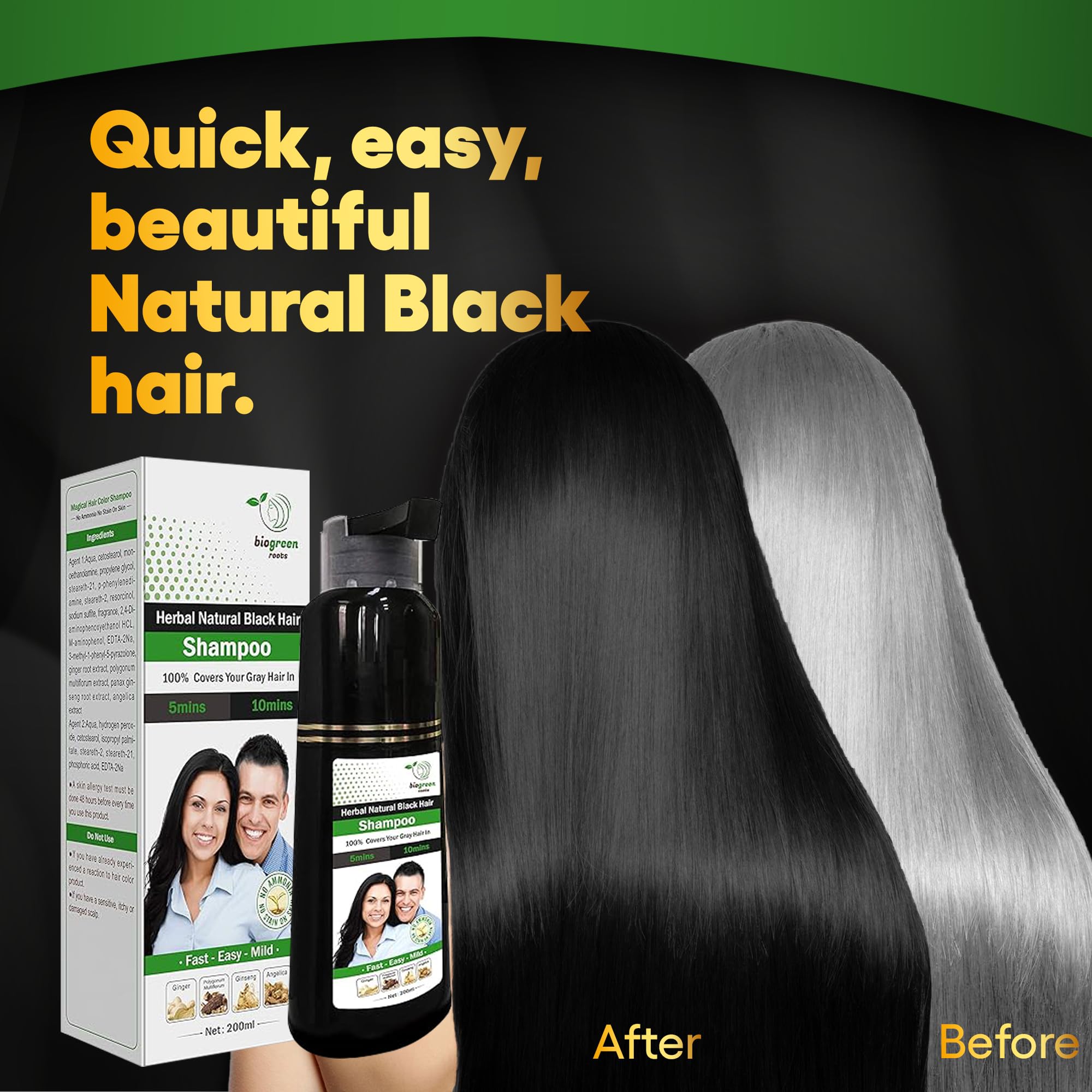 BIOgREEN ROOTS 200 ml Natural Black Hair color Shampoo With Herbals - Black Shampoo for grey Hair - covers gray Hair in 10 Minut