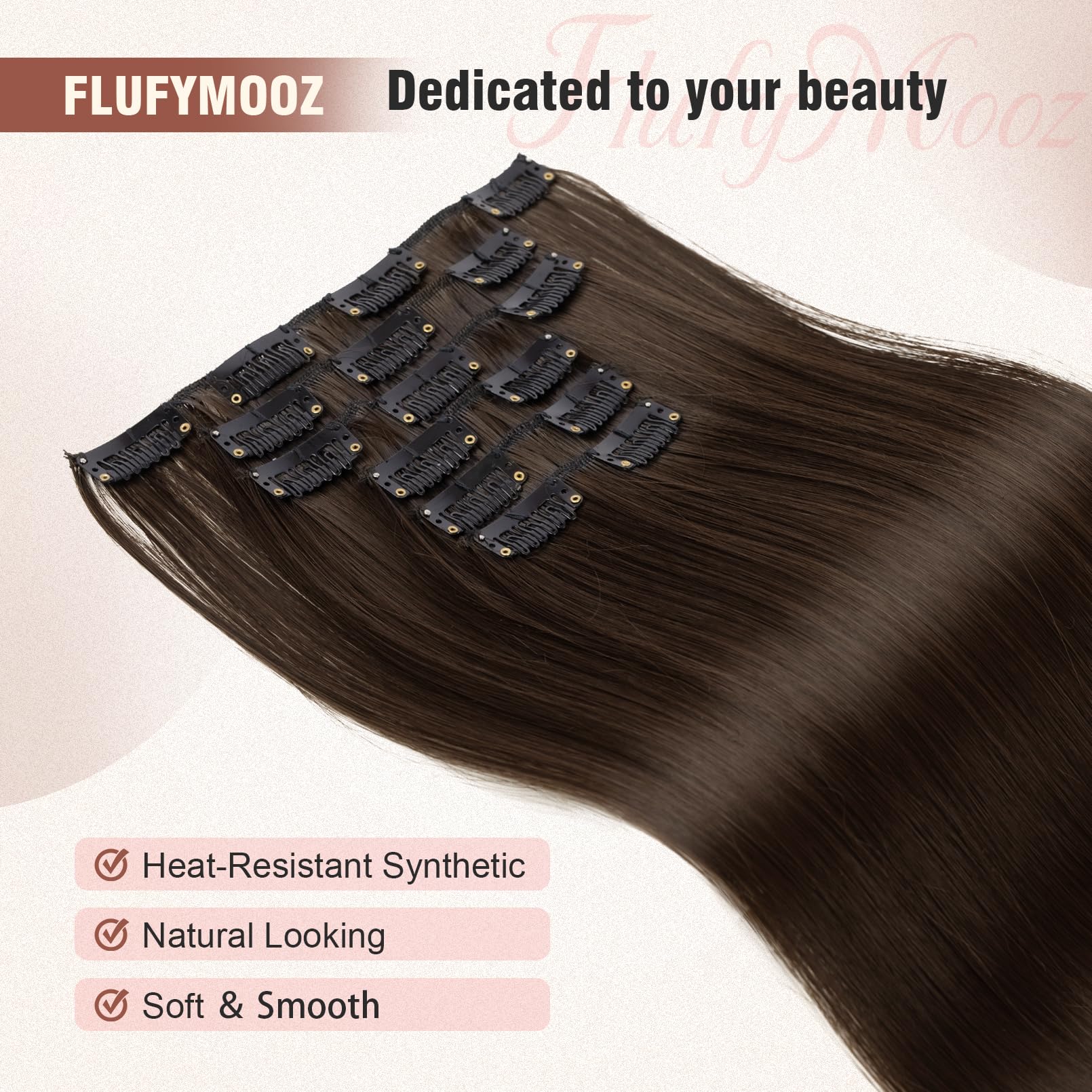 Flufymooz 6Pc Clip In Hair Extensions 24'' Straight Long Extensions For Women Synthetic Hairpiece (Chestnut Brown)