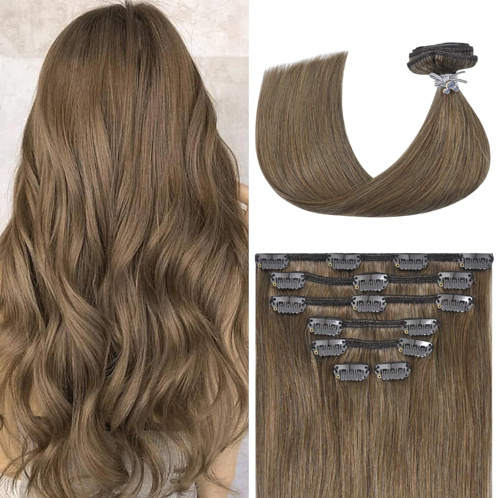 Aison Ash Brown Hair Extensions Real Human Hair Clip in 70G 100% Remy Human Hair Soft Silky Straight 7pcs 16clips One Pack (18 I