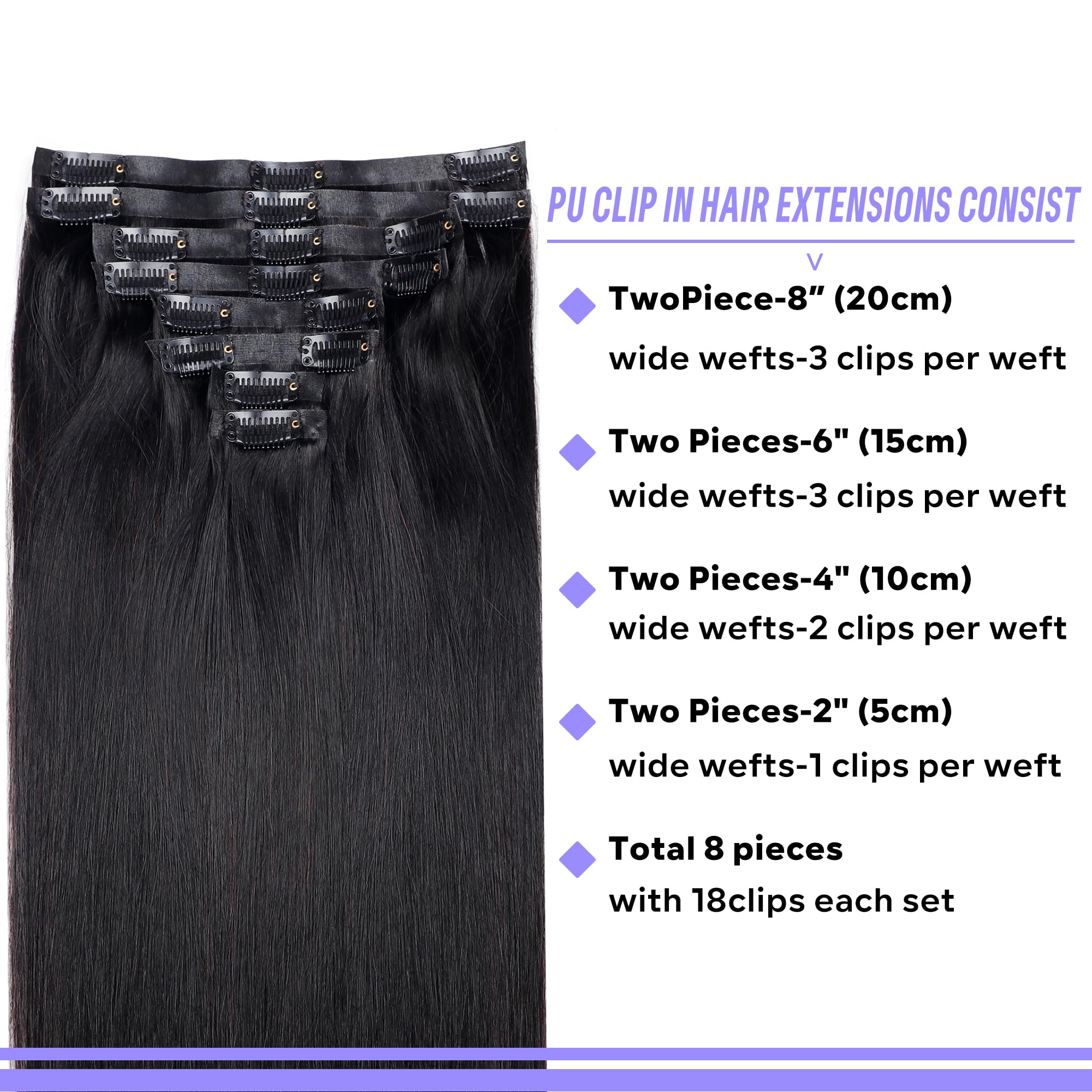 Pobokix Seamless Clip in Hair Extensions Real Human Hair Straight Brazilian Virgin Human Hair Clip in Extensions for Women 8Pcs