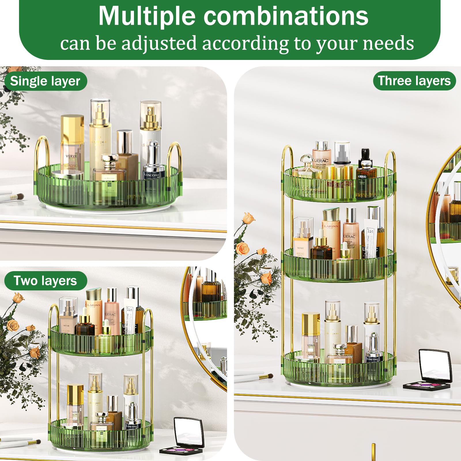 Mokani 360 Rotating Makeup Organizer for Vanity, 3 Tier Adjustable Perfume Organizer for Dresser, Multi-Function Spinning Cosmet