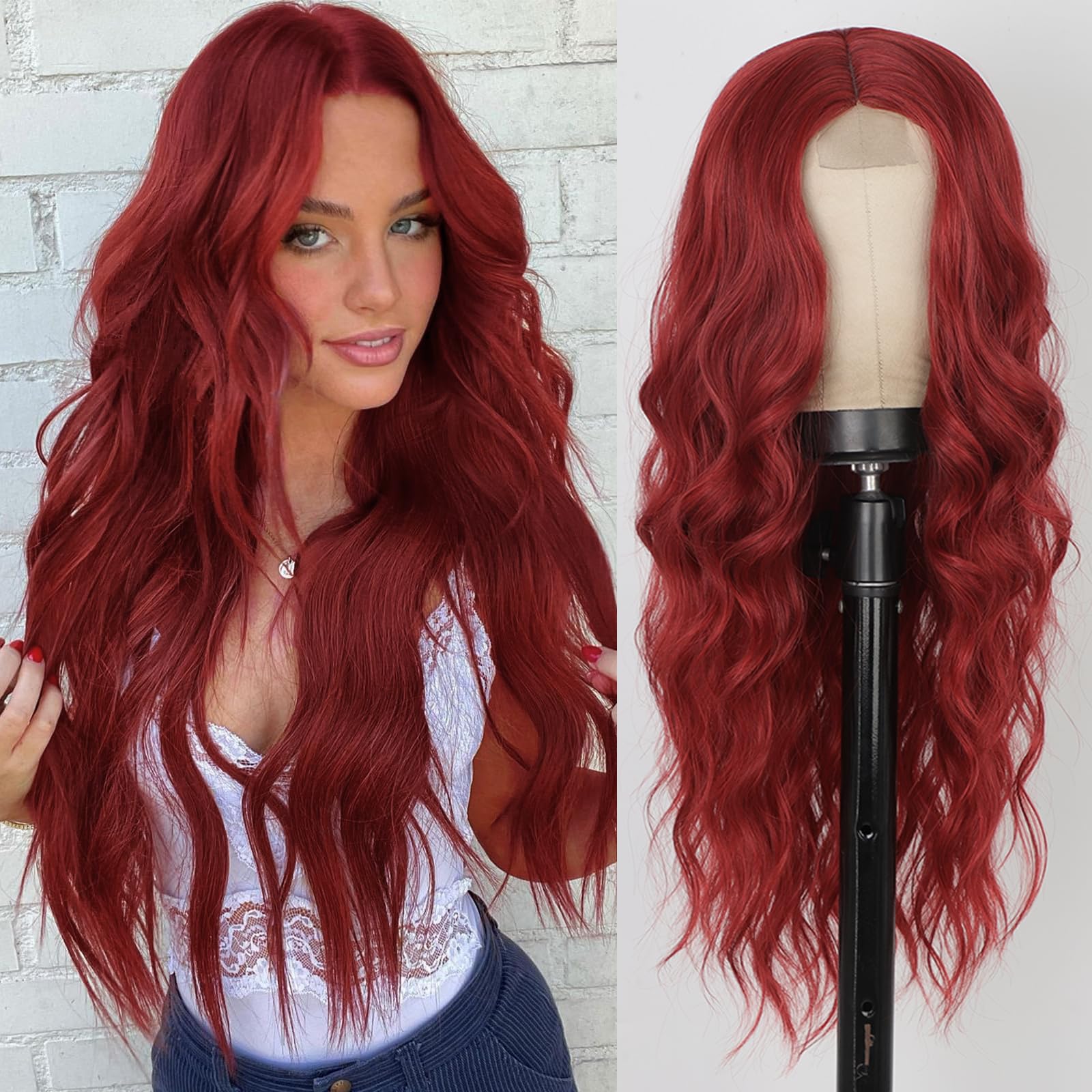 AISI QUEENS Red Wig Long Wavy Red Wigs for Women 24 Inches Wavy Middle Part Hair Heat Resistant Fiber Curly Cosplay Wig for Girl